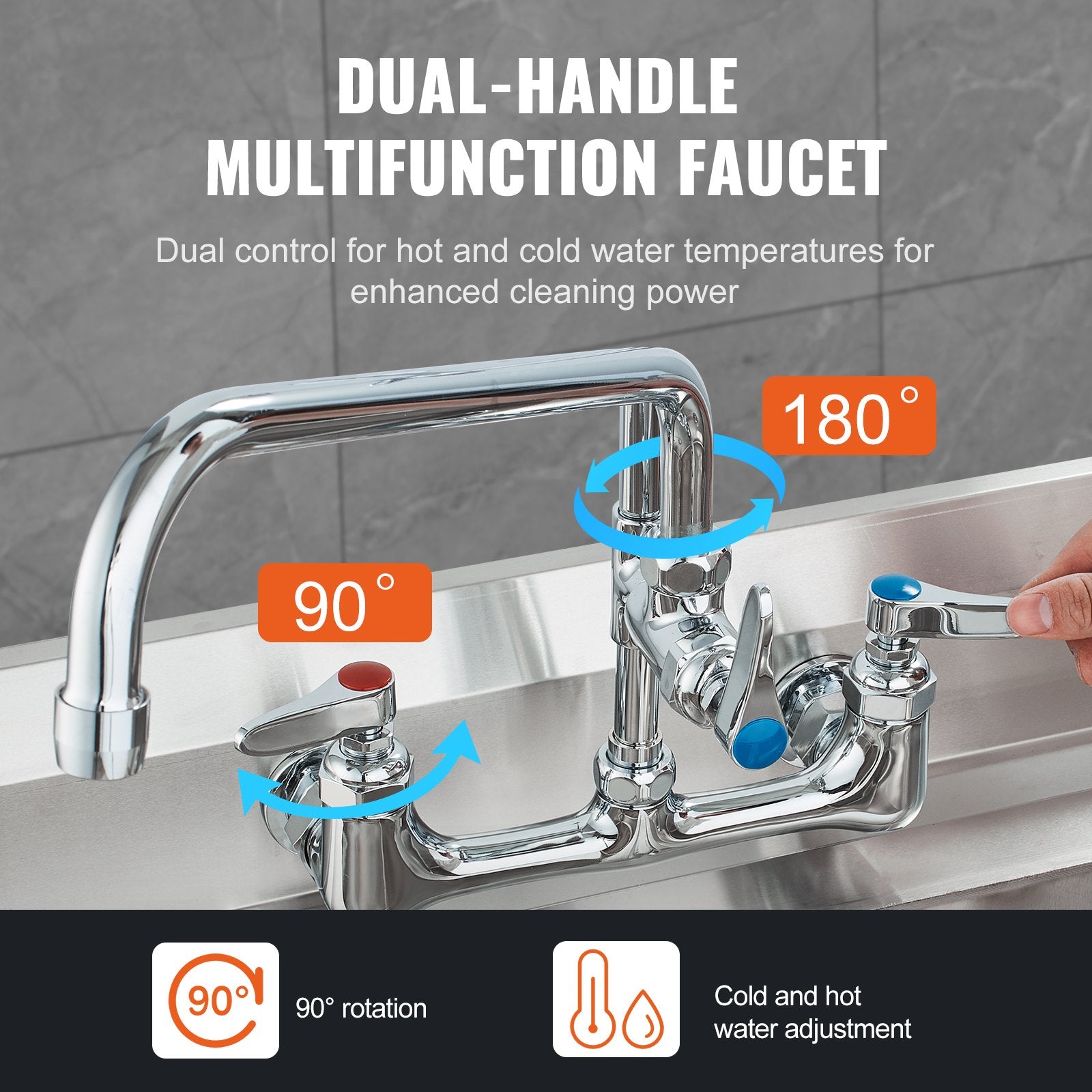 Commercial Faucet with Pre-Rinse Sprayer, 21" Height, 8" Center, 12" Swing Spout, Wall Mount Kitchen Sink V952-BGSYCXSLTBGS9X3ACV0
