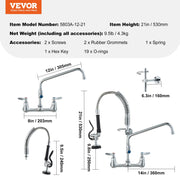 Commercial Faucet with Pre-Rinse Sprayer, 21" Height, 8" Center, 12" Swing Spout, Wall Mount Kitchen Sink V952-BGSYCXSLTBGS9X3ACV0