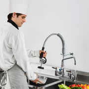 Commercial Faucet with Pre-Rinse Sprayer, 21" Height, 8" Center, 12" Swing Spout, Wall Mount Kitchen Sink V952-BGSYCXSLTBGS9X3ACV0