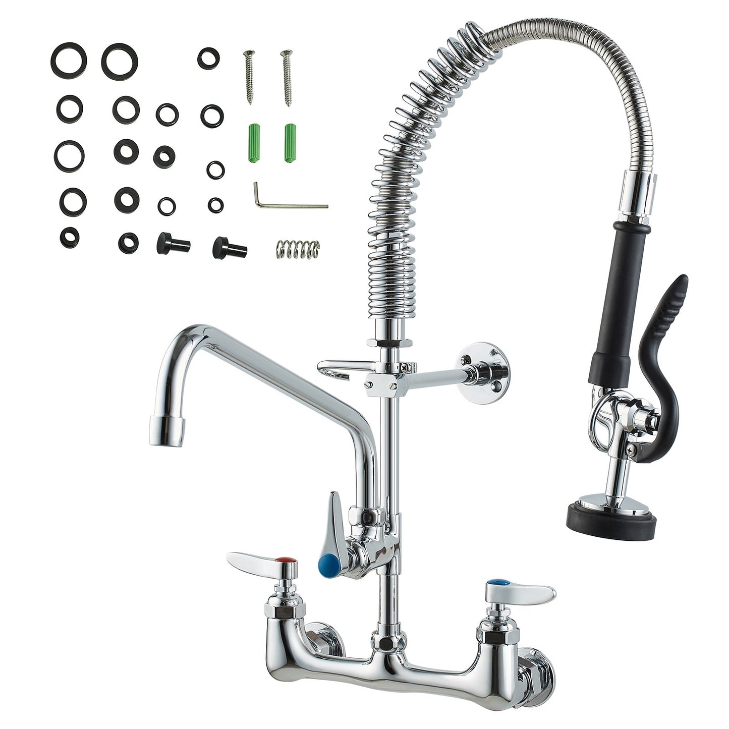 Commercial Faucet with Pre-Rinse Sprayer, 21" Height, 8" Center, 12" Swing Spout, Wall Mount Kitchen Sink V952-BGSYCXSLTBGS9X3ACV0