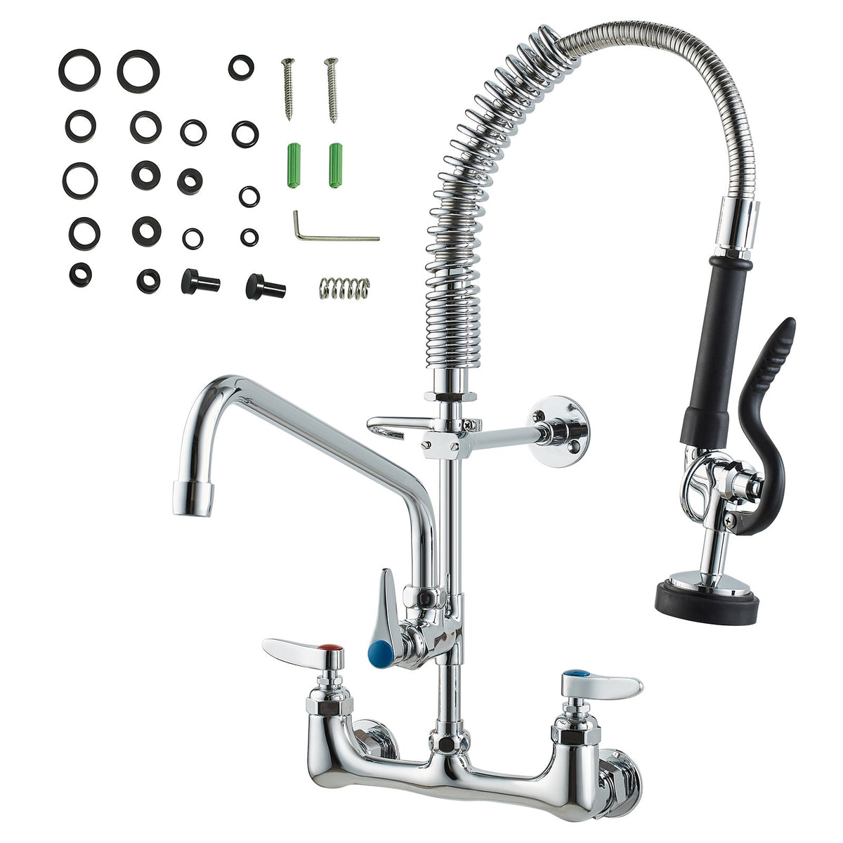 Commercial Faucet with Pre-Rinse Sprayer, 21" Height, 8" Center, 12" Swing Spout, Wall Mount Kitchen Sink V952-BGSYCXSLTBGS9X3ACV0