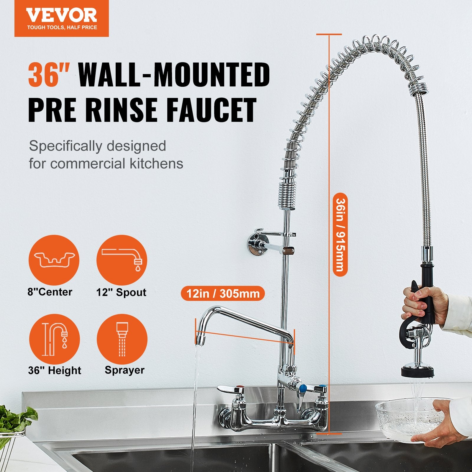 Commercial Faucet with Pre-Rinse Sprayer, 36" Height, 8" Center, 12" Swing Spout, Wall Mount Kitchen Sink V952-BGSYCXSLTBGSR39MKV0