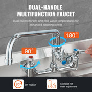 Commercial Faucet with Pre-Rinse Sprayer, 36" Height, 8" Center, 12" Swing Spout, Wall Mount Kitchen Sink V952-BGSYCXSLTBGSR39MKV0