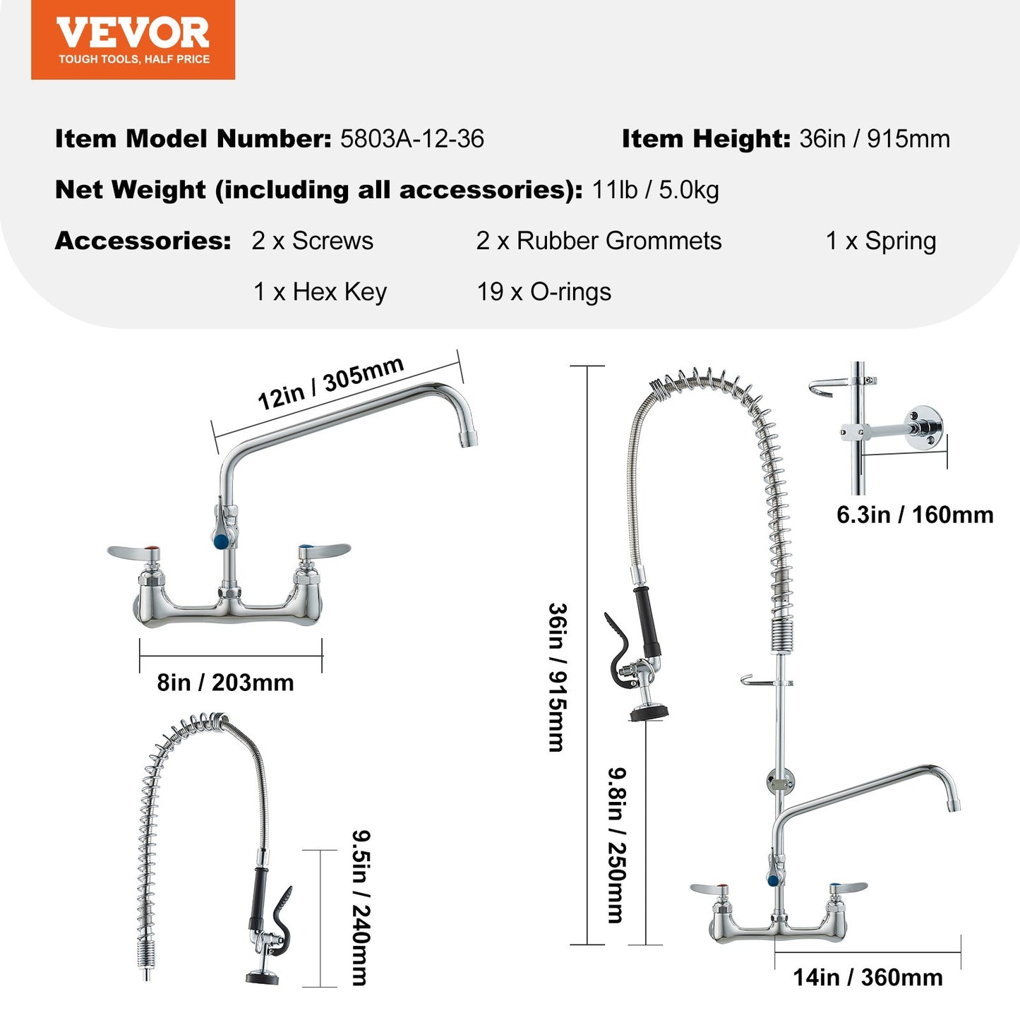 Commercial Faucet with Pre-Rinse Sprayer, 36" Height, 8" Center, 12" Swing Spout, Wall Mount Kitchen Sink V952-BGSYCXSLTBGSR39MKV0