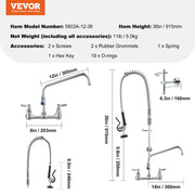 Commercial Faucet with Pre-Rinse Sprayer, 36" Height, 8" Center, 12" Swing Spout, Wall Mount Kitchen Sink V952-BGSYCXSLTBGSR39MKV0