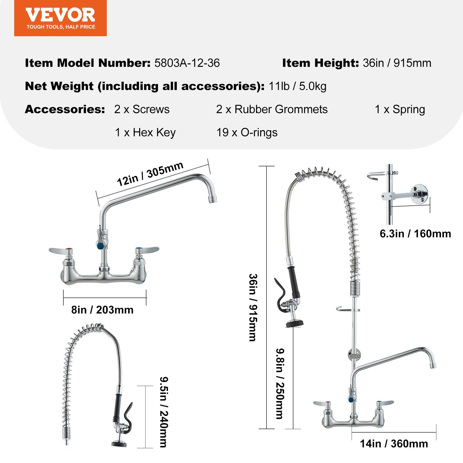 Commercial Faucet with Pre-Rinse Sprayer, 36" Height, 8" Center, 12" Swing Spout, Wall Mount Kitchen Sink V952-BGSYCXSLTBGSR39MKV0
