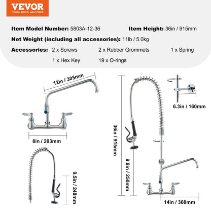 Commercial Faucet with Pre-Rinse Sprayer, 36" Height, 8" Center, 12" Swing Spout, Wall Mount Kitchen Sink V952-BGSYCXSLTBGSR39MKV0