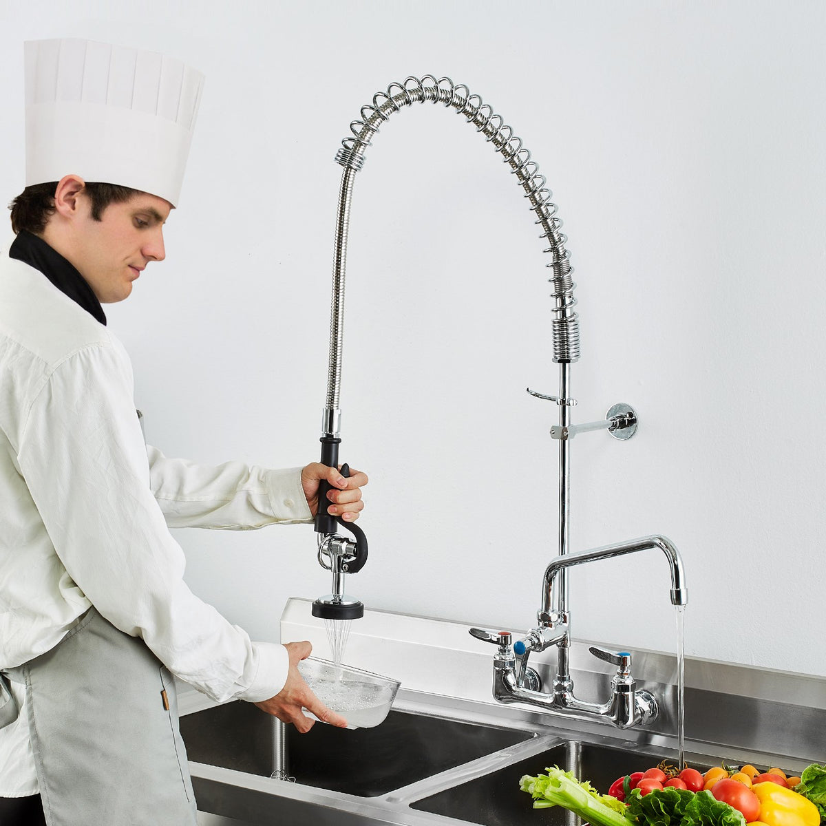 Commercial Faucet with Pre-Rinse Sprayer, 36" Height, 8" Center, 12" Swing Spout, Wall Mount Kitchen Sink V952-BGSYCXSLTBGSR39MKV0