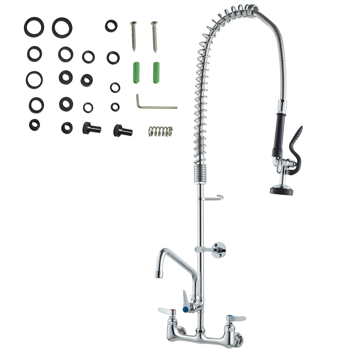 Commercial Faucet with Pre-Rinse Sprayer, 36" Height, 8" Center, 12" Swing Spout, Wall Mount Kitchen Sink V952-BGSYCXSLTBGSR39MKV0