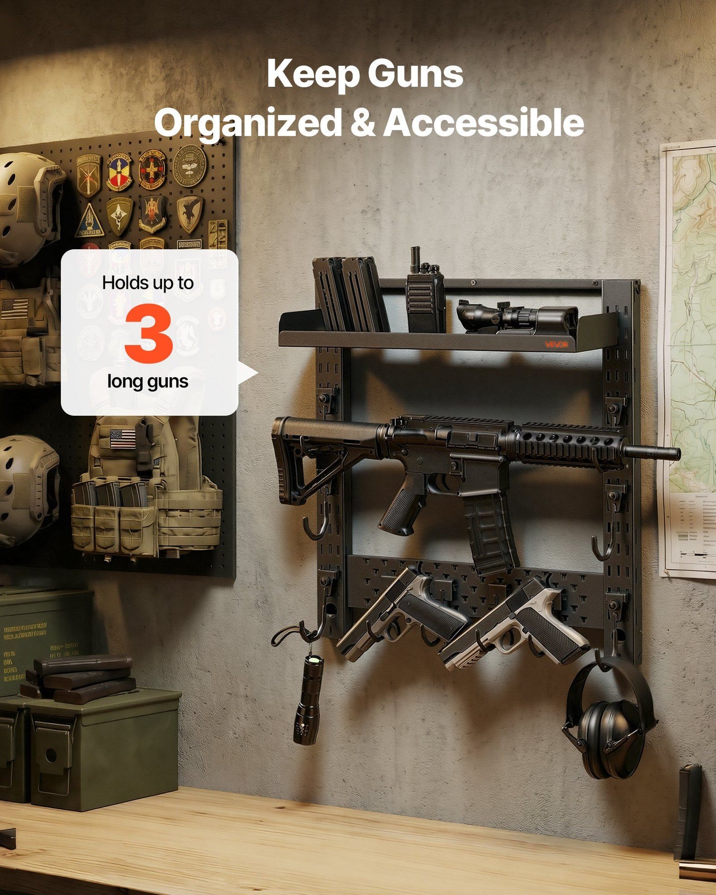 Gun Rack Wall Mount, Heavy Duty Steel, Indoor Rifle Shotgun Rack with J-Hooks, Additional Tray Storage, Gun V952-BGSZSQJJS3QW4LVYR001V0