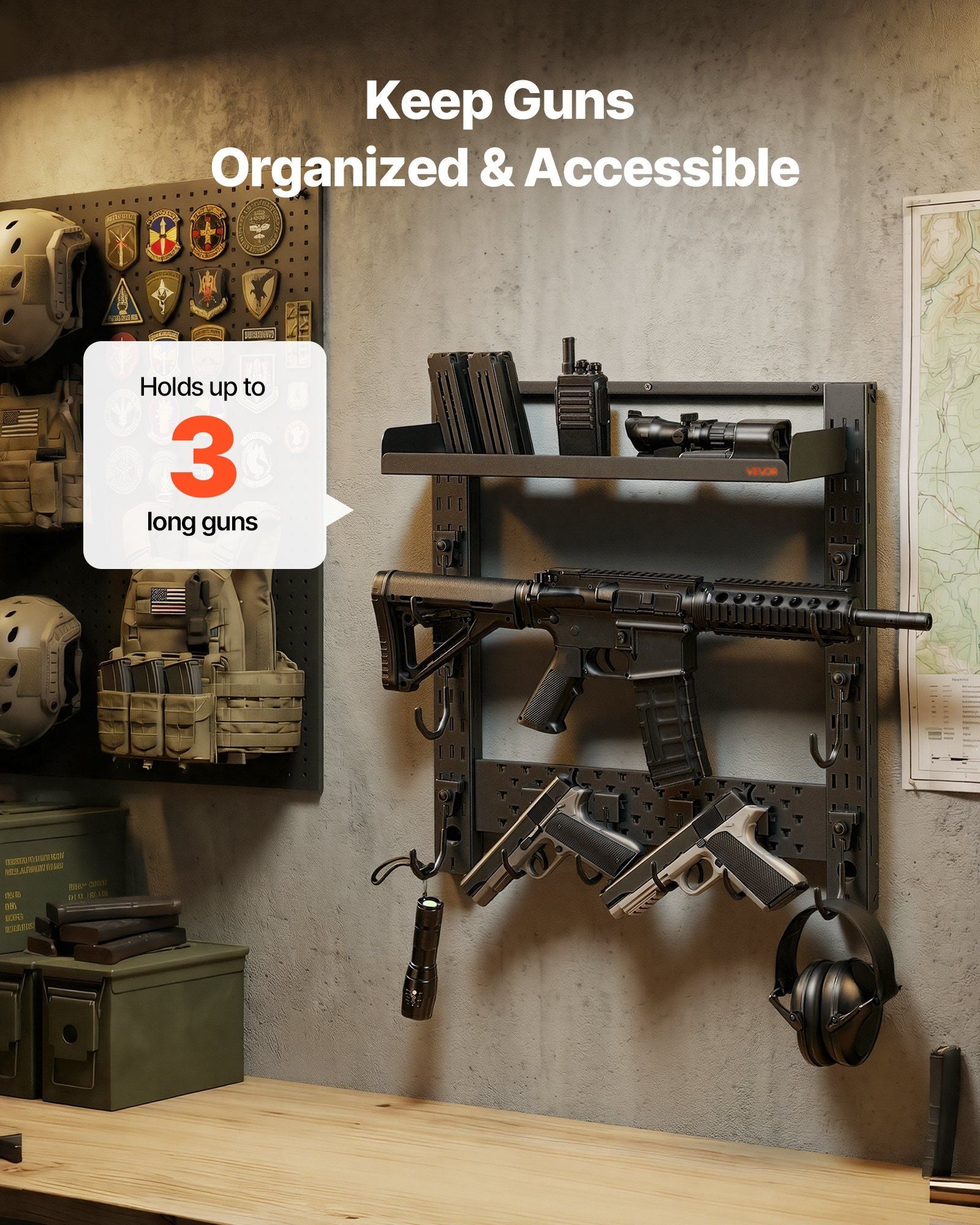 Gun Rack Wall Mount, Heavy Duty Steel, Indoor Rifle Shotgun Rack with J-Hooks, Additional Tray Storage, Gun V952-BGSZSQJJS3QW4LVYR001V0