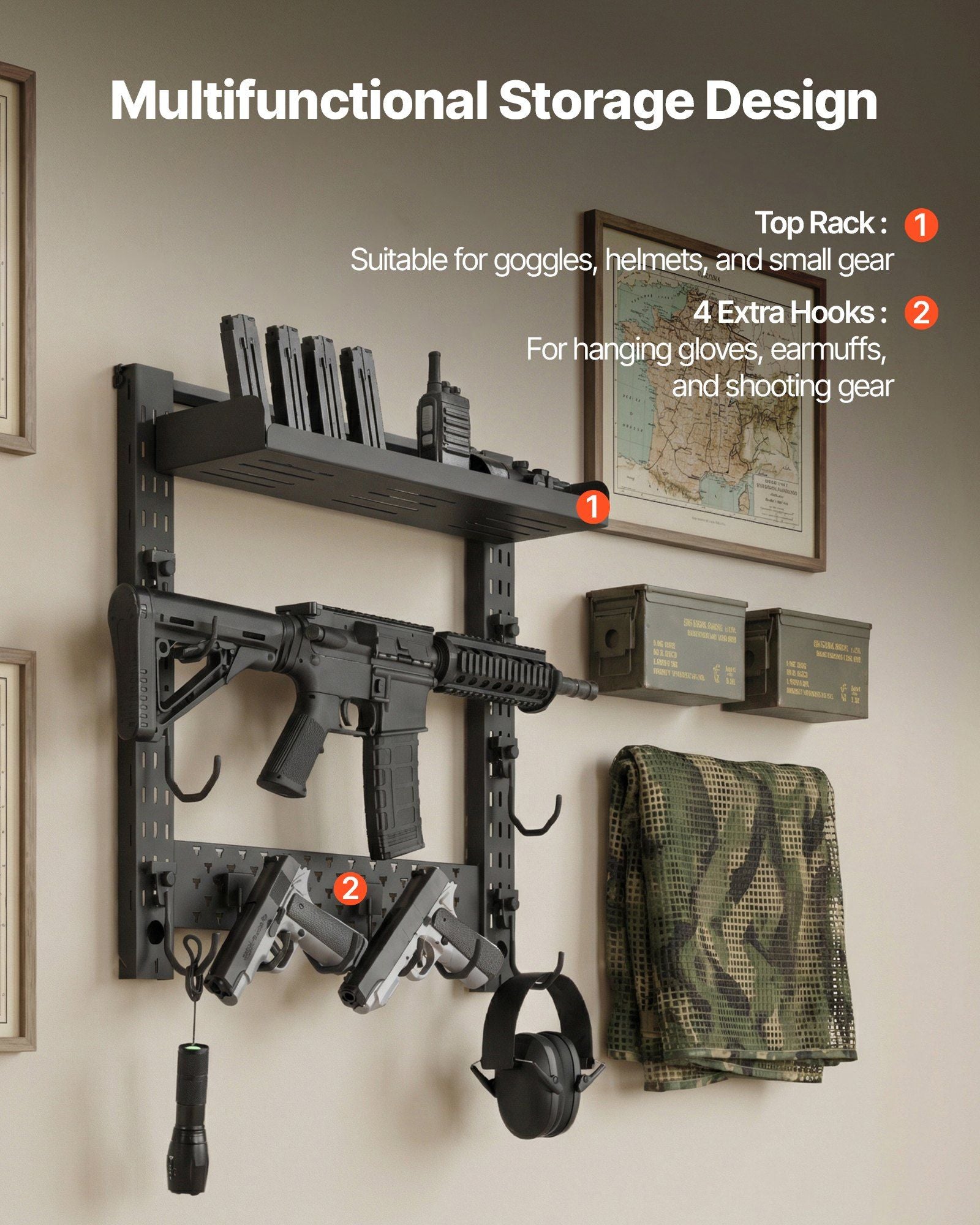 Gun Rack Wall Mount, Heavy Duty Steel, Indoor Rifle Shotgun Rack with J-Hooks, Additional Tray Storage, Gun V952-BGSZSQJJS3QW4LVYR001V0
