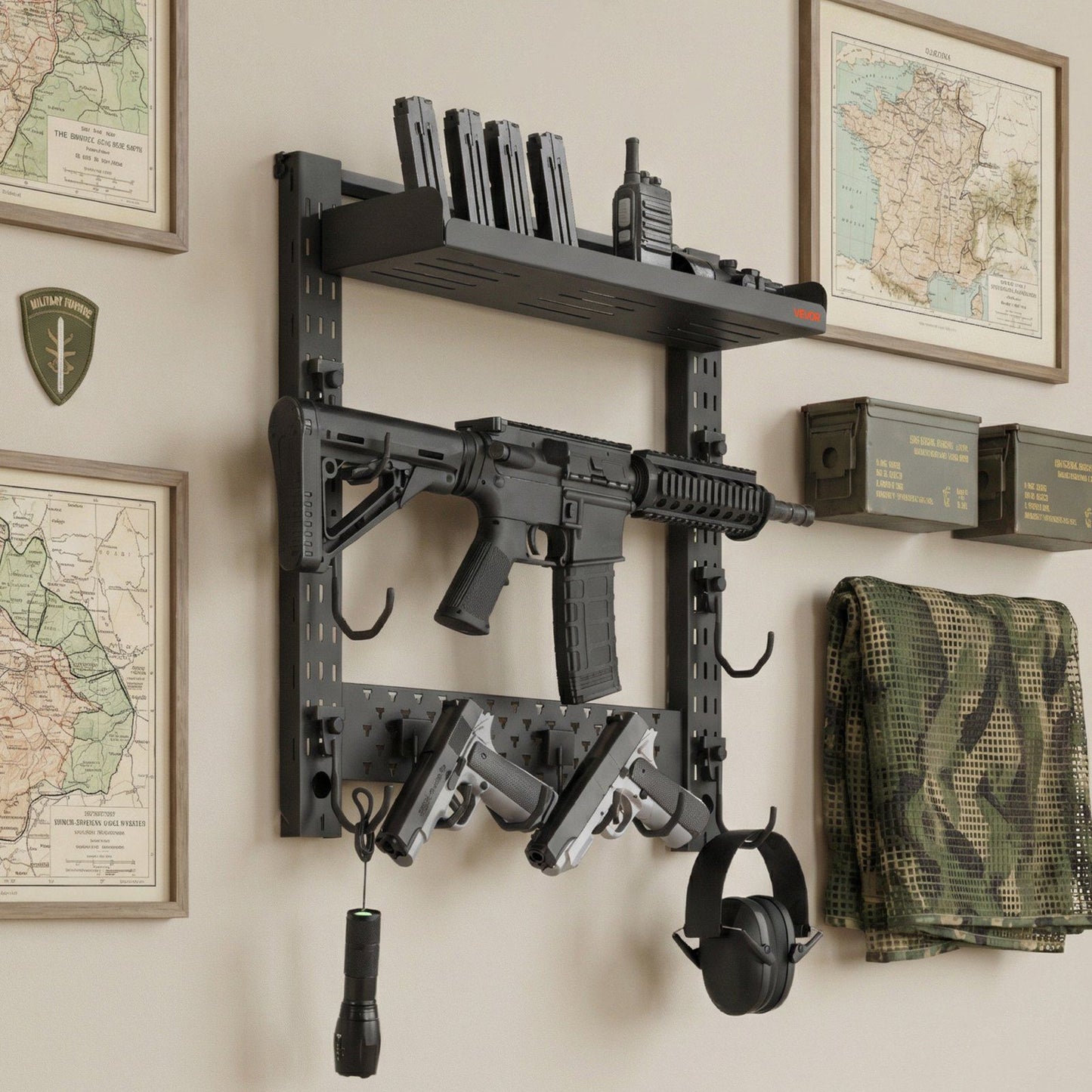 Gun Rack Wall Mount, Heavy Duty Steel, Indoor Rifle Shotgun Rack with J-Hooks, Additional Tray Storage, Gun V952-BGSZSQJJS3QW4LVYR001V0