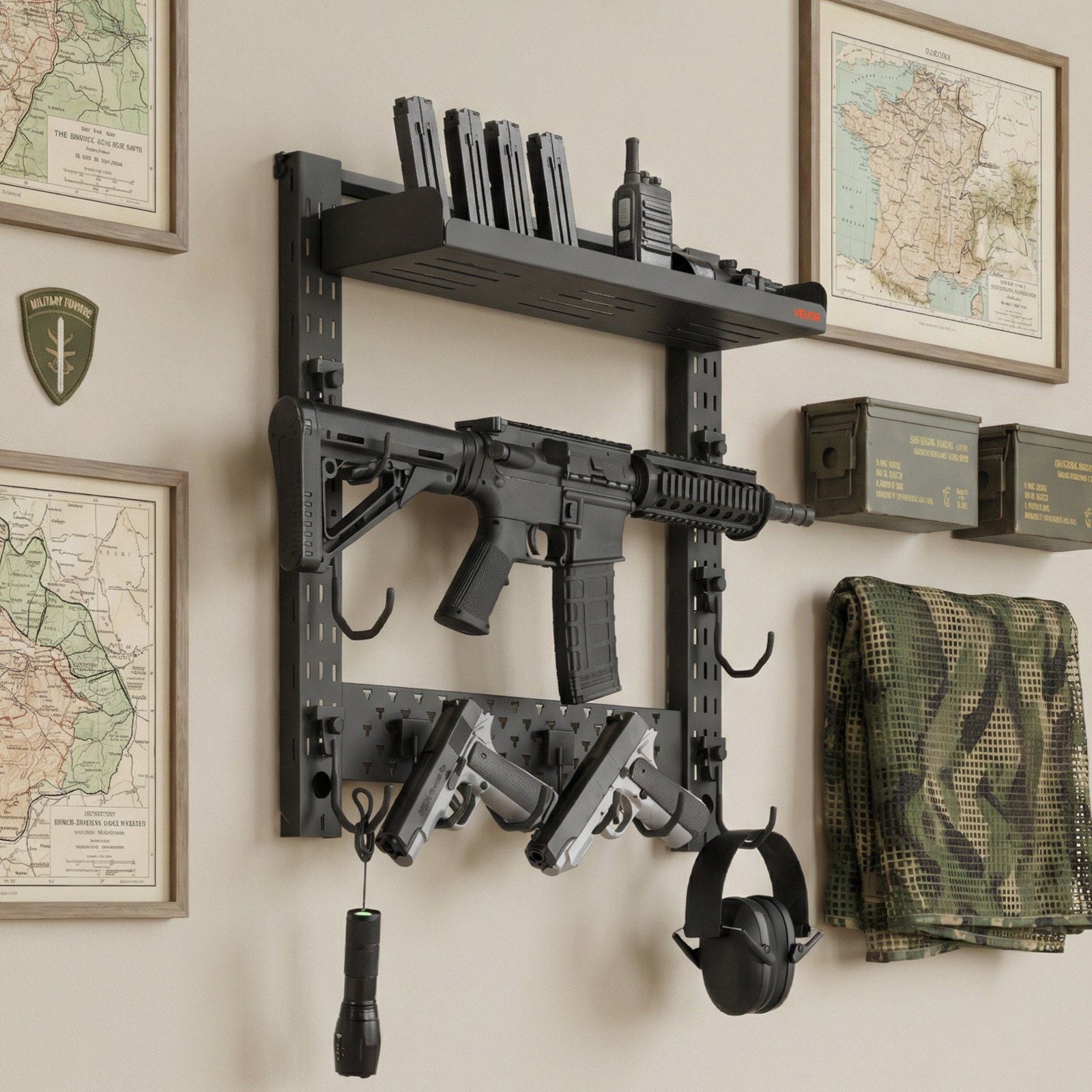 Gun Rack Wall Mount, Heavy Duty Steel, Indoor Rifle Shotgun Rack with J-Hooks, Additional Tray Storage, Gun V952-BGSZSQJJS3QW4LVYR001V0