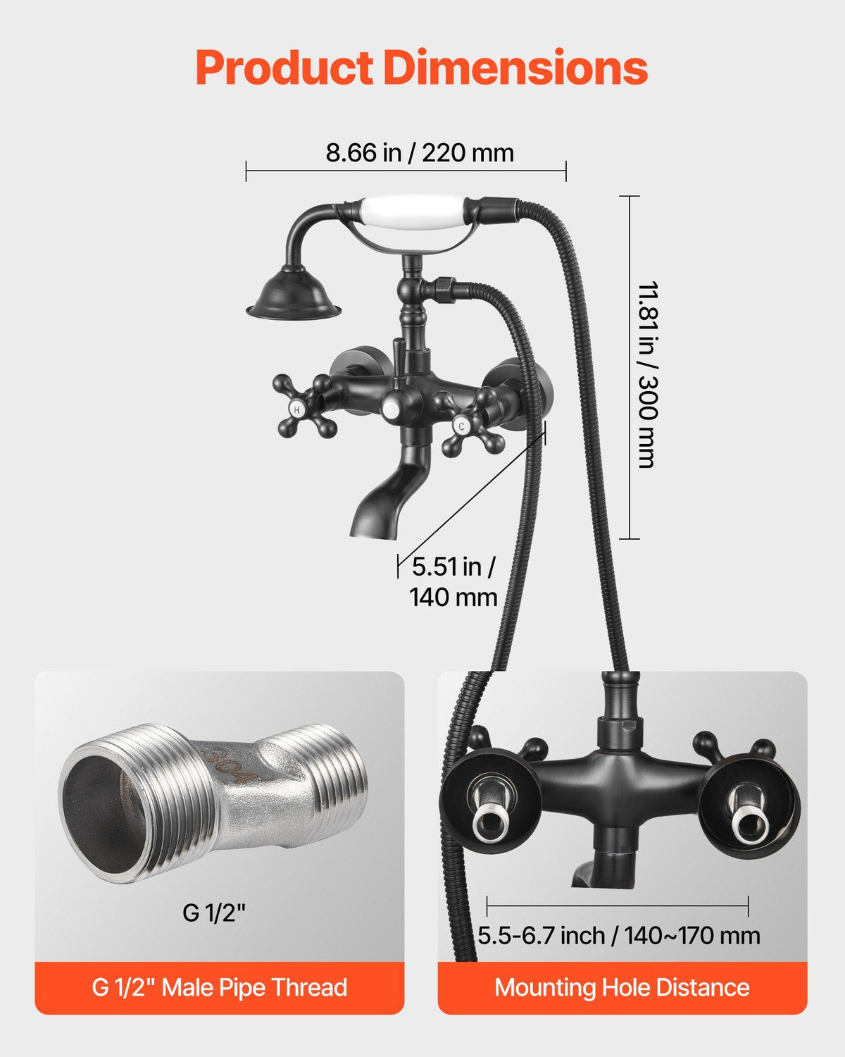 Clawfoot Tub Faucet, Wall Mount Bathtub Faucets with Handheld Shower, Vintage Oil-Rubbed Bronze Clawfoot Tub V952-BGSZZYGLTLTHLAC1L002V0