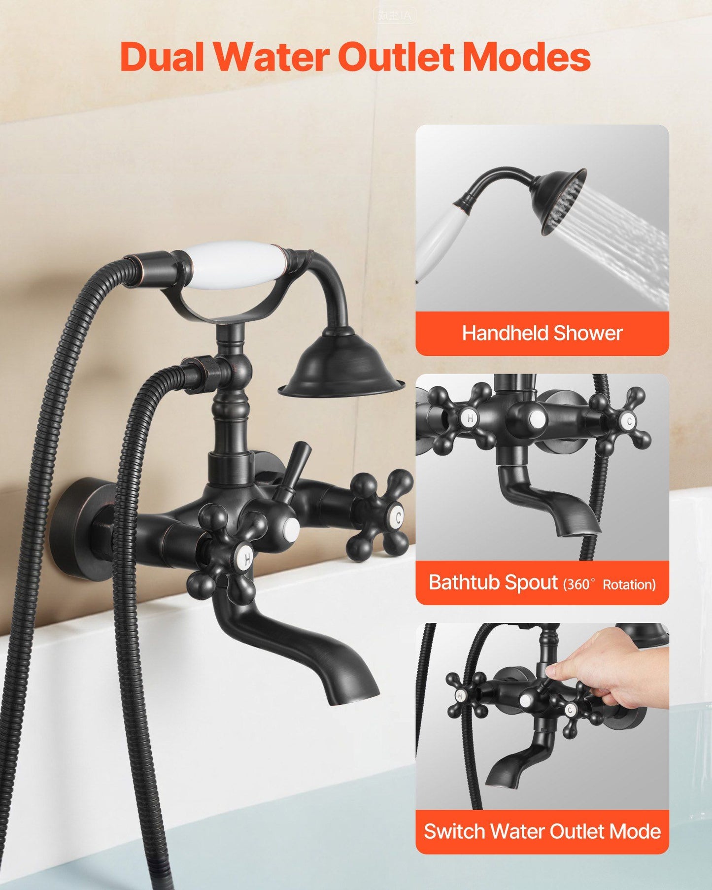 Clawfoot Tub Faucet, Wall Mount Bathtub Faucets with Handheld Shower, Vintage Oil-Rubbed Bronze Clawfoot Tub V952-BGSZZYGLTLTHLAC1L002V0