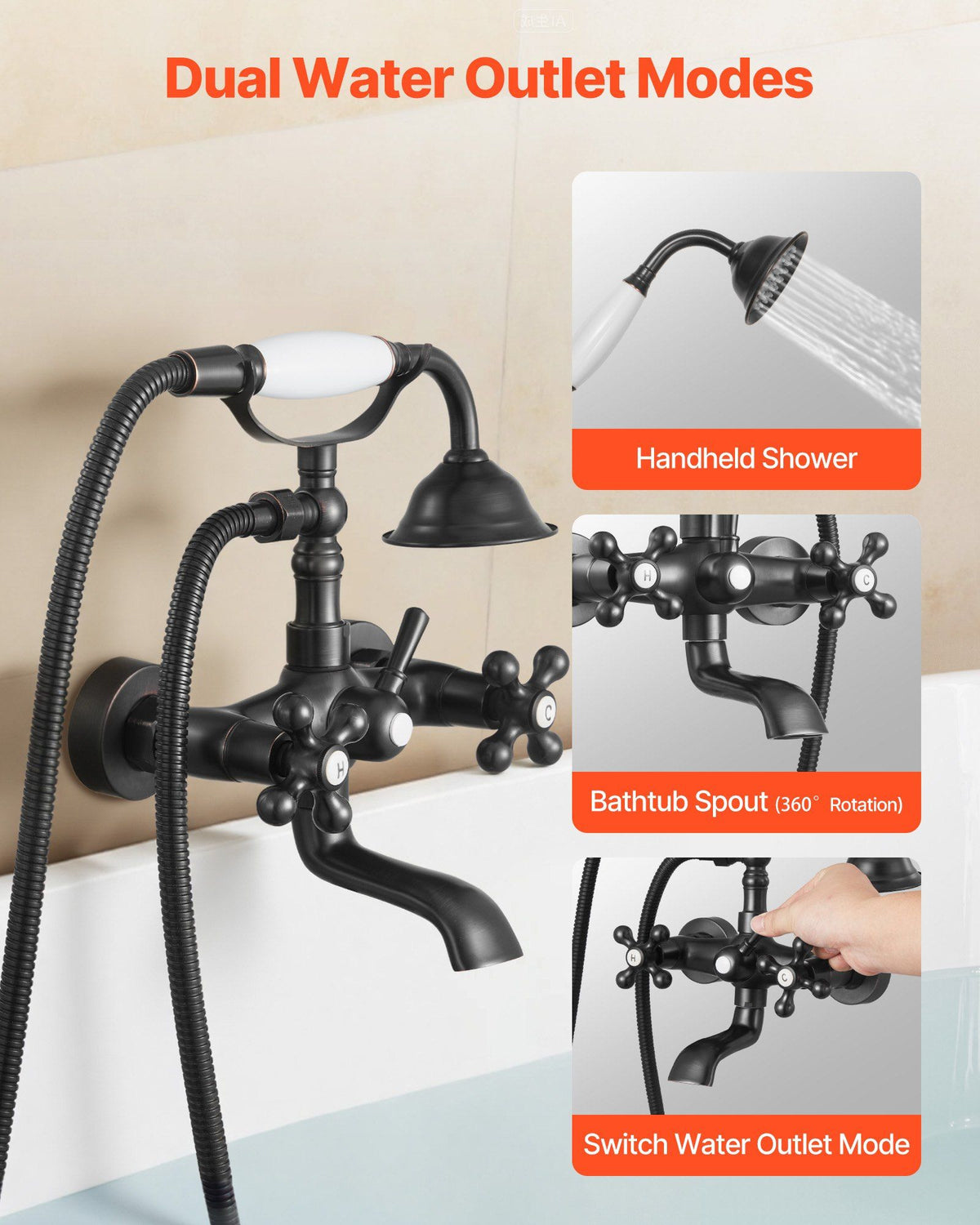 Clawfoot Tub Faucet, Wall Mount Bathtub Faucets with Handheld Shower, Vintage Oil-Rubbed Bronze Clawfoot Tub V952-BGSZZYGLTLTHLAC1L002V0