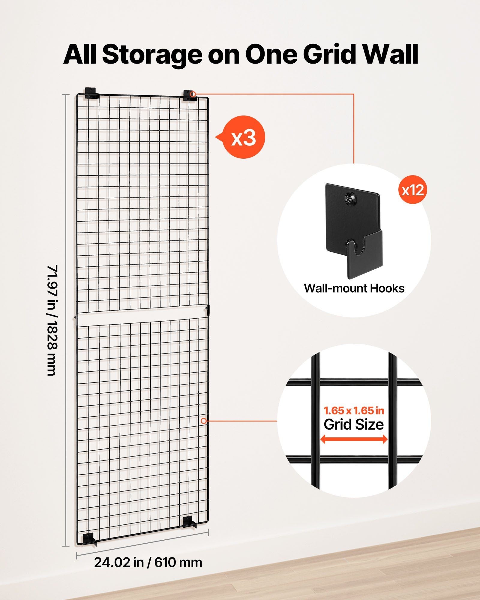 3 Packs Grid Wall Panels, 610 x 1828 mm Wire Grid Panels Display Rack, Wall-Mounted Art Display Shelf, Black V952-BGWGQ7080INC1MICW001V0