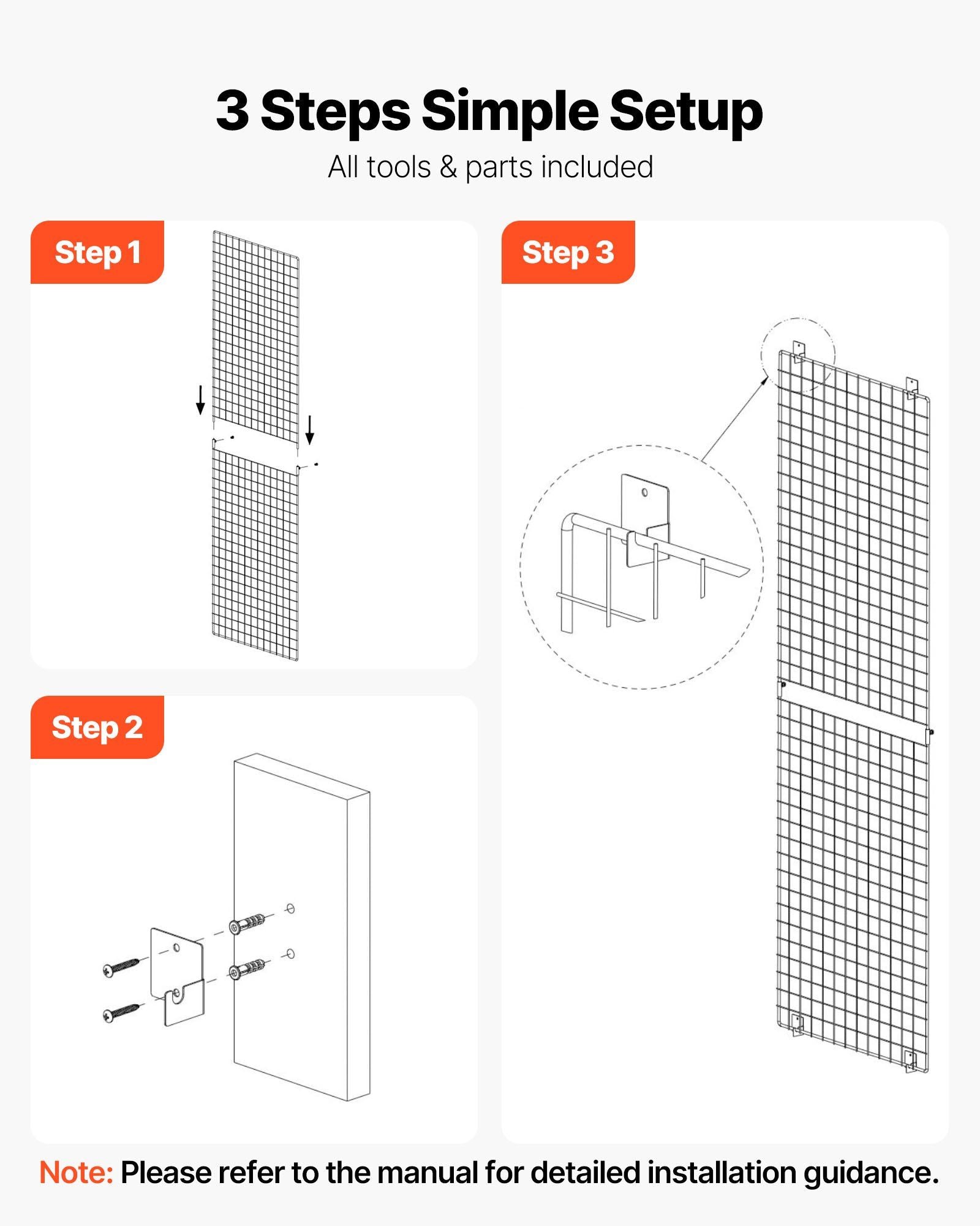 3 Packs Grid Wall Panels, 610 x 1828 mm Wire Grid Panels Display Rack, Wall-Mounted Art Display Shelf, Black V952-BGWGQ7080INC1MICW001V0