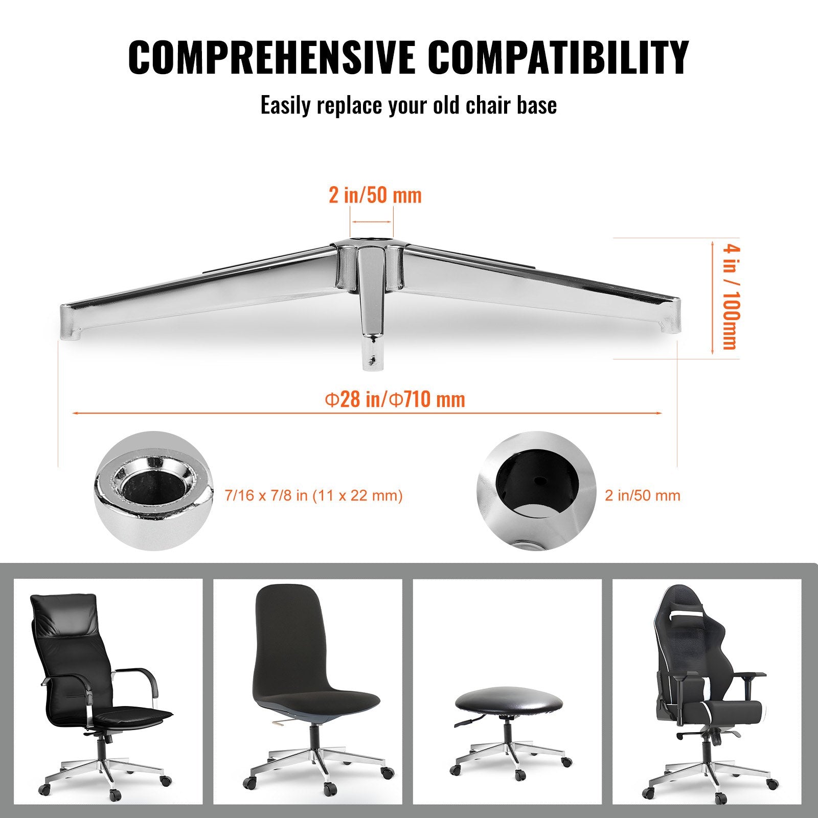 Office Chair Base Replacement, 710 mm 1134 kg Static Load Capacity, Heavy Duty Universal Computer Desk Chair V952-BGYDZPJ28JSD4RMJLV0