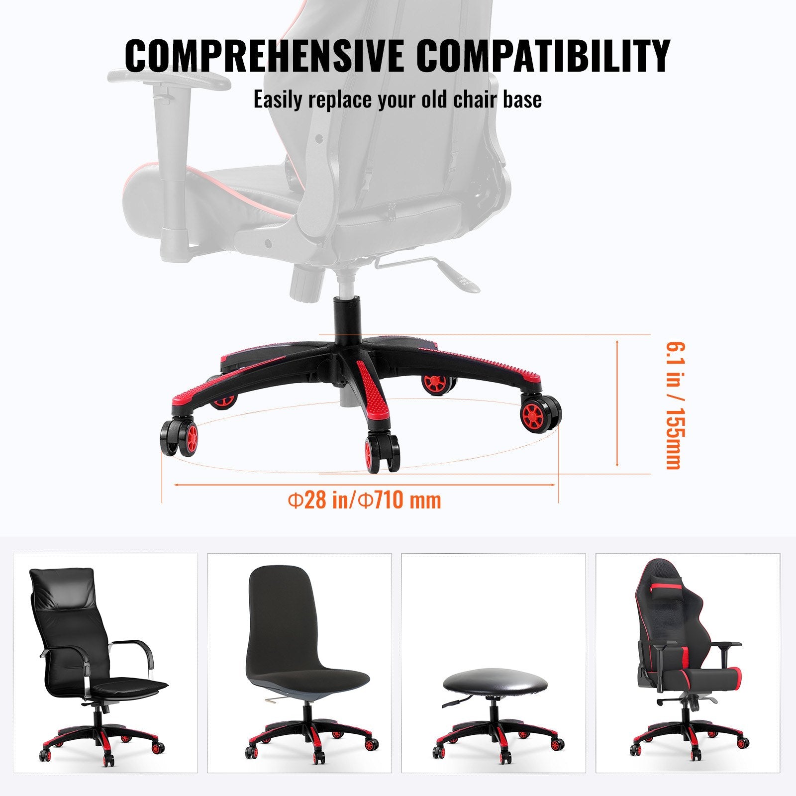 Office Chair Base Replacement, 710 mm, 1134 kg Static Load, Heavy Duty Universal Computer Desk Chair Stool V952-BGYDZPJ28SLD875TDV0