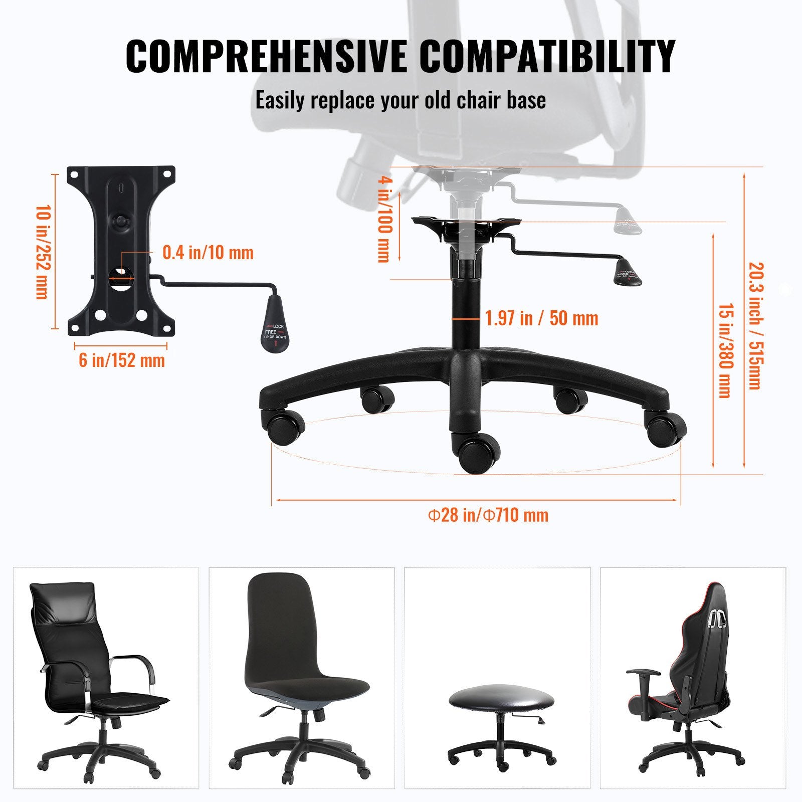 Office Chair Base Replacement 710mm Swivel Chair Base 1134kg 100mm Stroke V952-BGYDZPJ28SLDTH47VV0