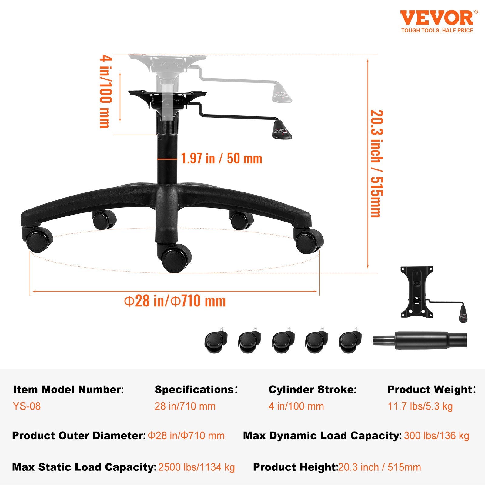Office Chair Base Replacement 710mm Swivel Chair Base 1134kg 100mm Stroke V952-BGYDZPJ28SLDTH47VV0