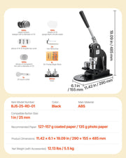 Button Maker Machine, 25 mm, Pin Maker Machine with 500pcs Button Parts, Circle Cutter, Hex Wrenches and V952-BJSKXZJ25MMSW51HM001V0