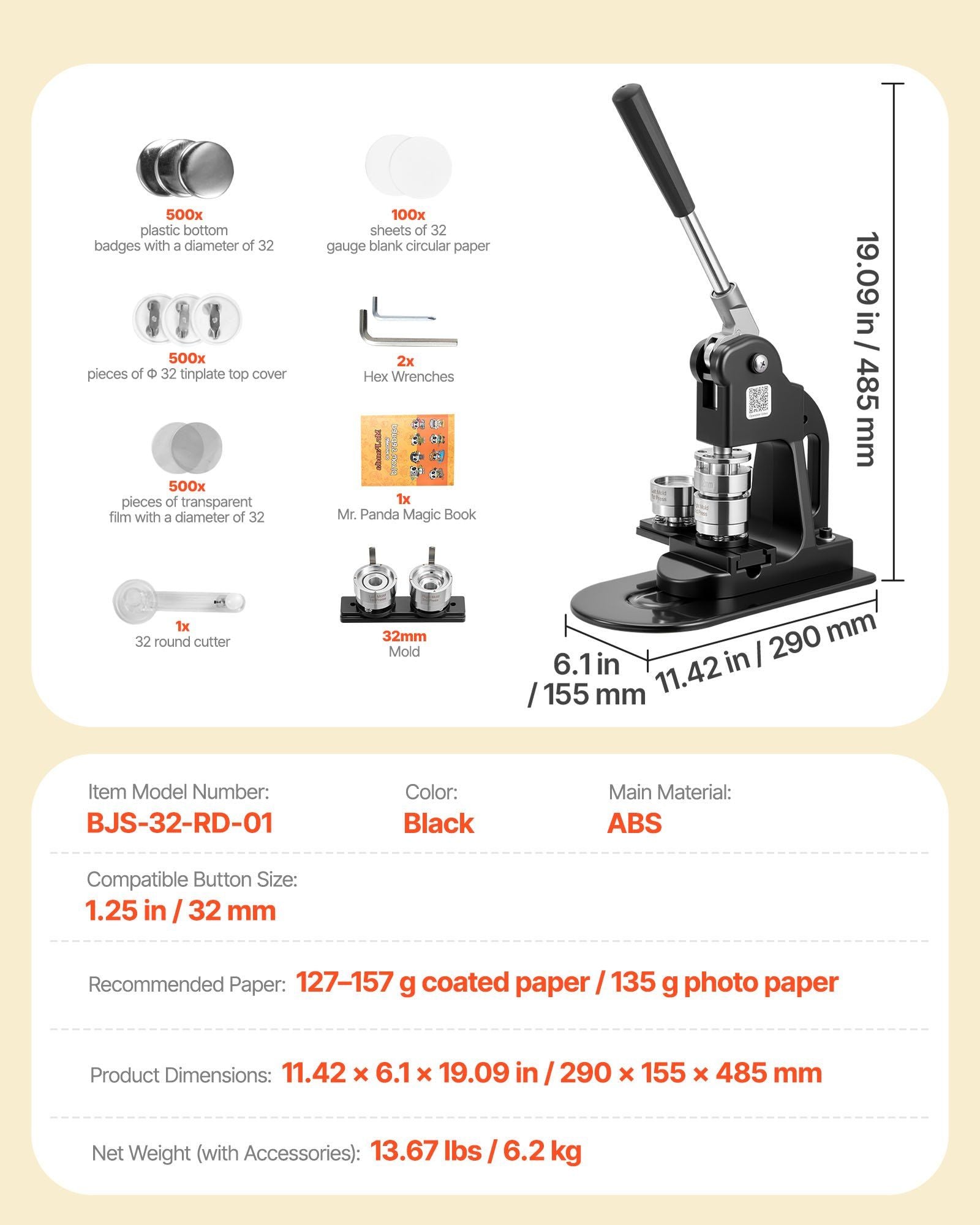 Button Maker Machine, 32 mm, Pin Maker Machine with 500pcs Button Parts, Circle Cutter, Hex Wrenches and V952-BJSKXZJ32MMSGX9LR001V0