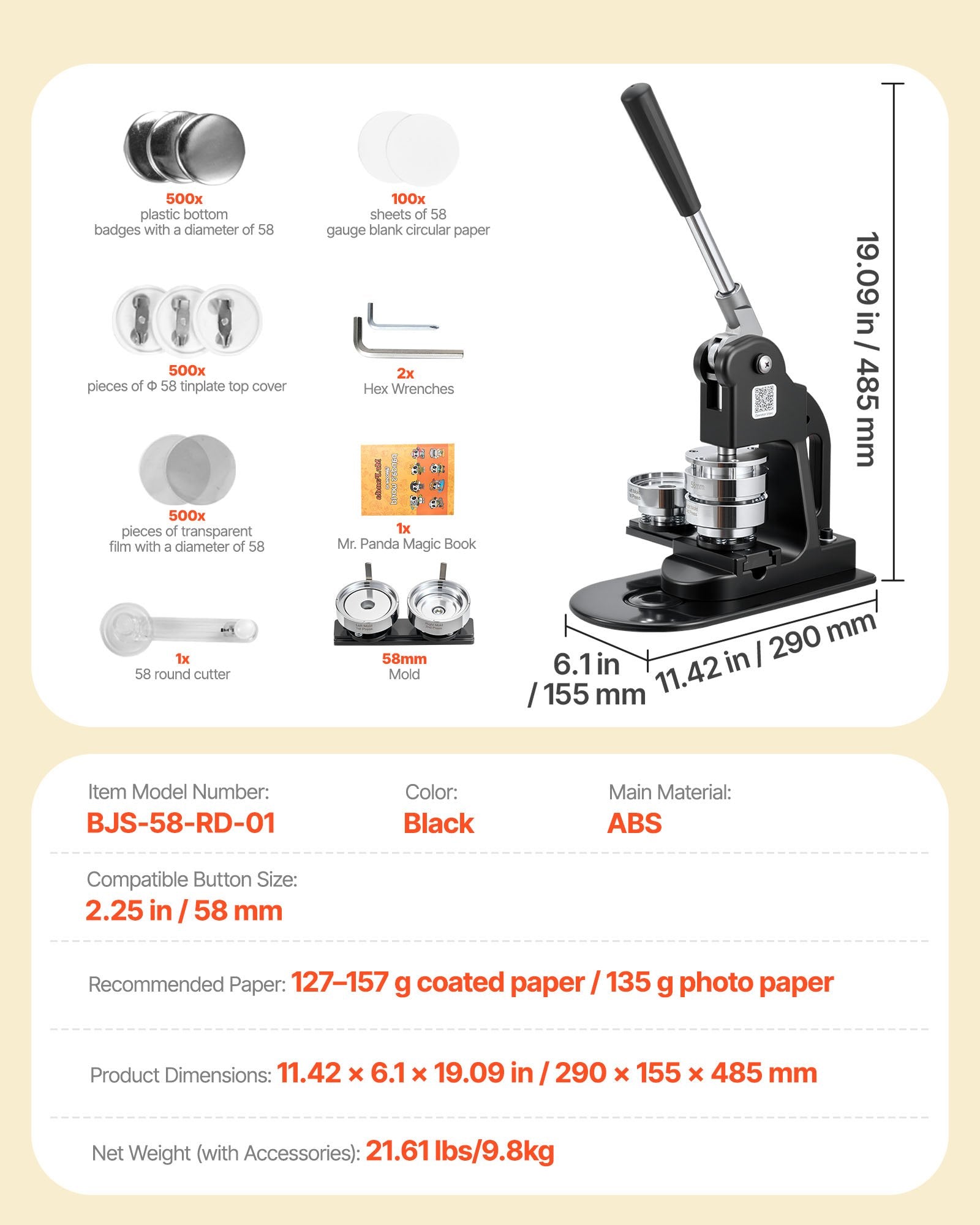 Button Maker Machine, 58 mm, Pin Maker Machine with 500pcs Button Parts, Circle Cutter, Hex Wrenches and V952-BJSKXZJ58MMSUVL9F001V0