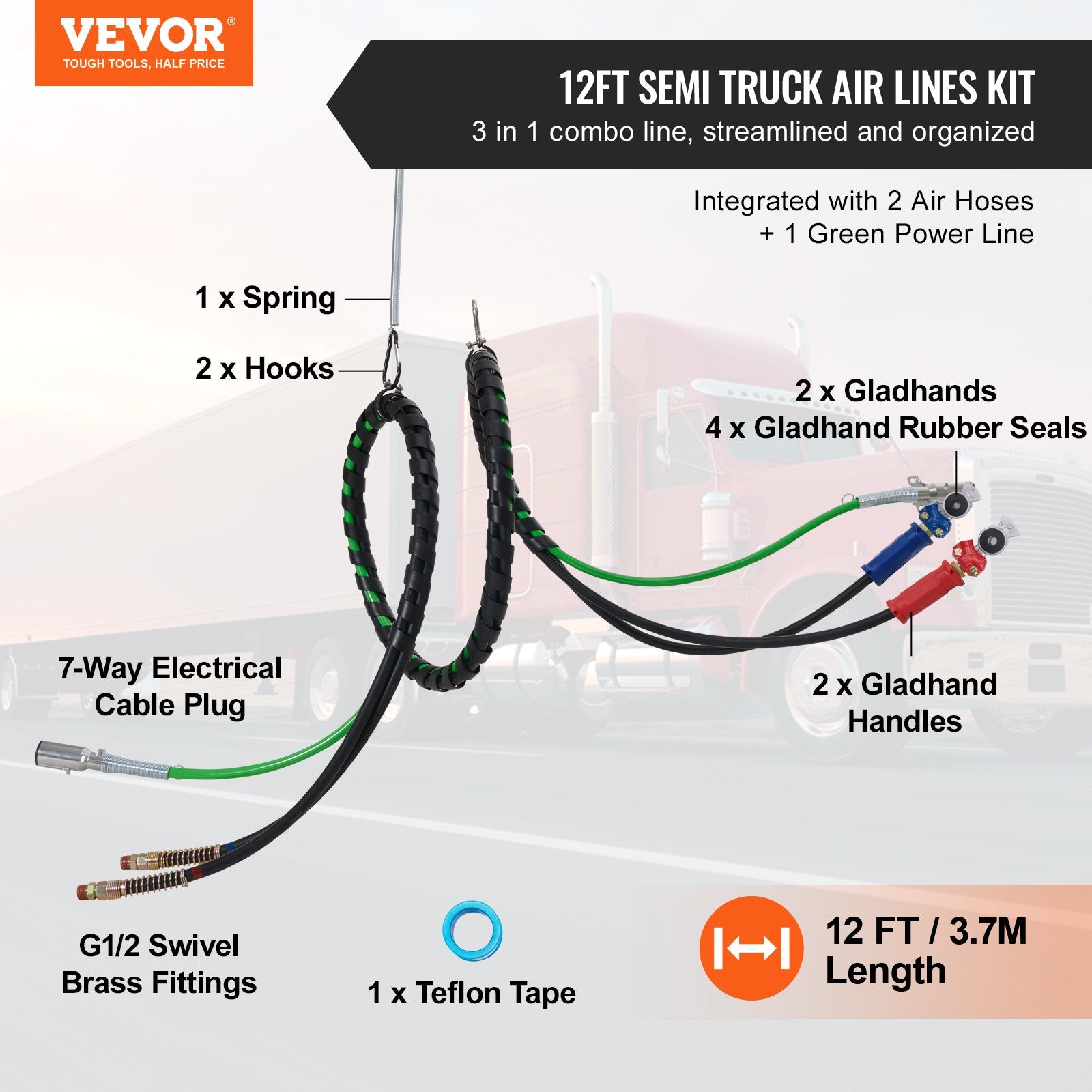 12FT Semi Truck Air Lines Kit with 2PCS Glad Hands, 3-in-1 Air Hoses & 7 Way ABS Electric Power Line, with V952-BKCKQRGTJSHY5A7TGV9