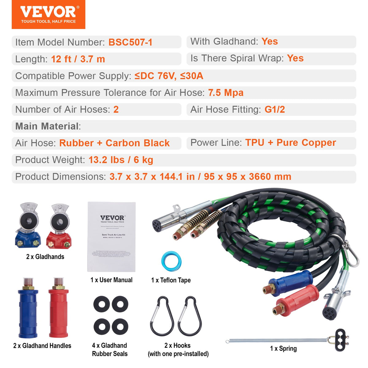 12FT Semi Truck Air Lines Kit with 2PCS Glad Hands, 3-in-1 Air Hoses & 7 Way ABS Electric Power Line, with V952-BKCKQRGTJSHY5A7TGV9