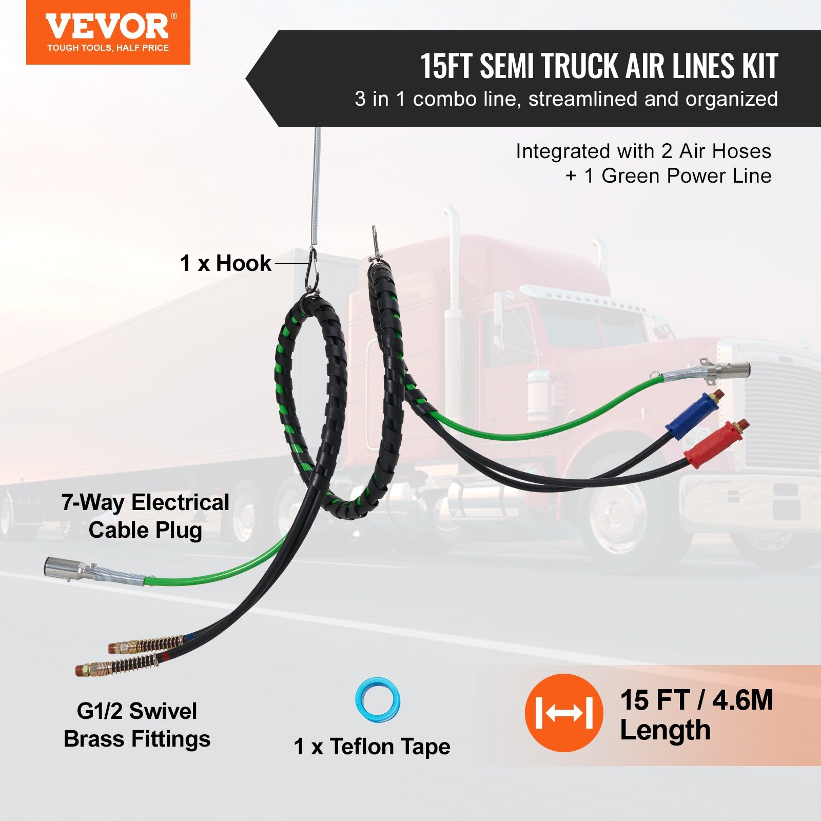 15FT Semi Truck Air Lines Kit, 3-in-1 Air Hoses & ABS Power Line for Semi Truck Trailer Tractor, 7-Way Plug V952-BKCKQRGTJSHY9EVQXV9