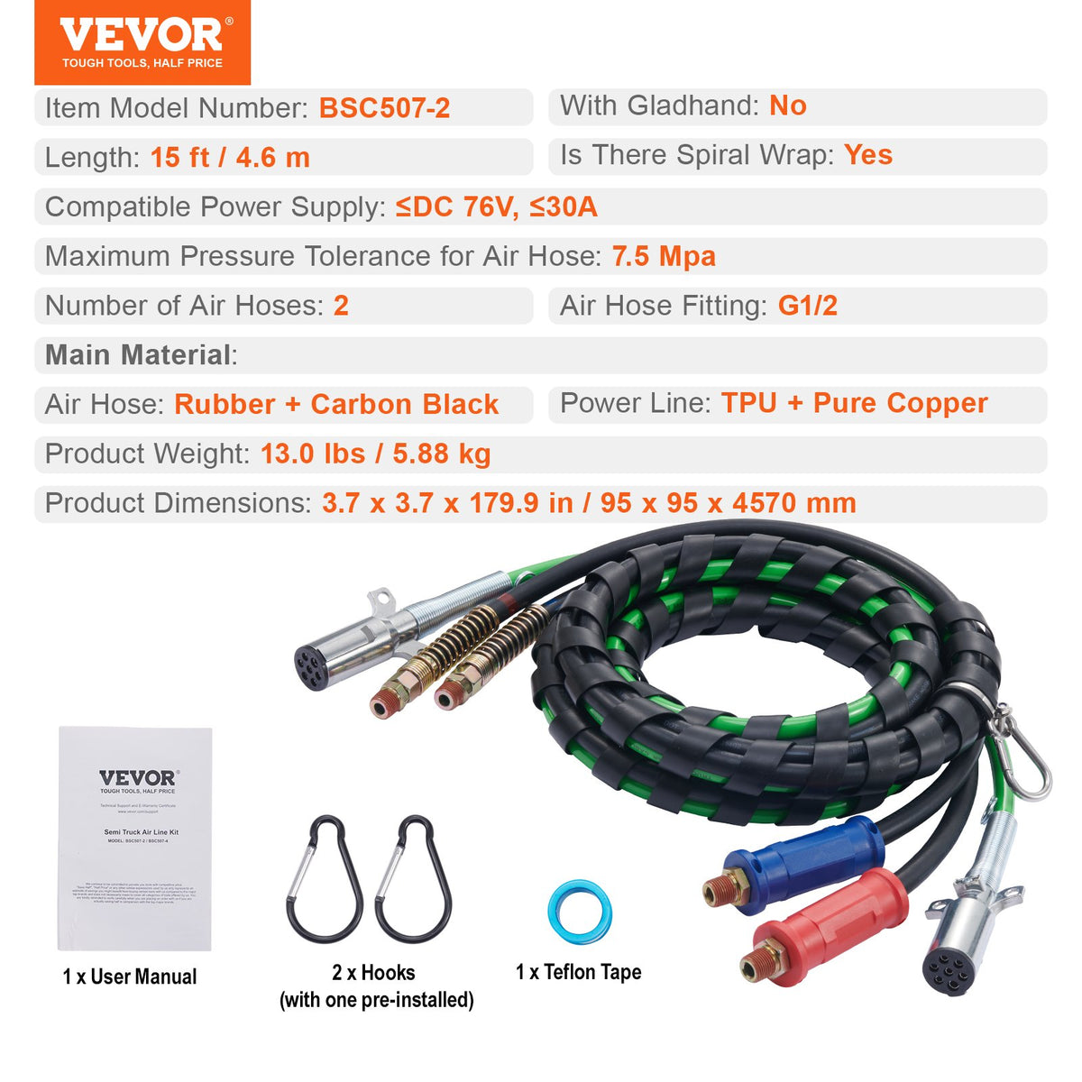 15FT Semi Truck Air Lines Kit, 3-in-1 Air Hoses & ABS Power Line for Semi Truck Trailer Tractor, 7-Way Plug V952-BKCKQRGTJSHY9EVQXV9