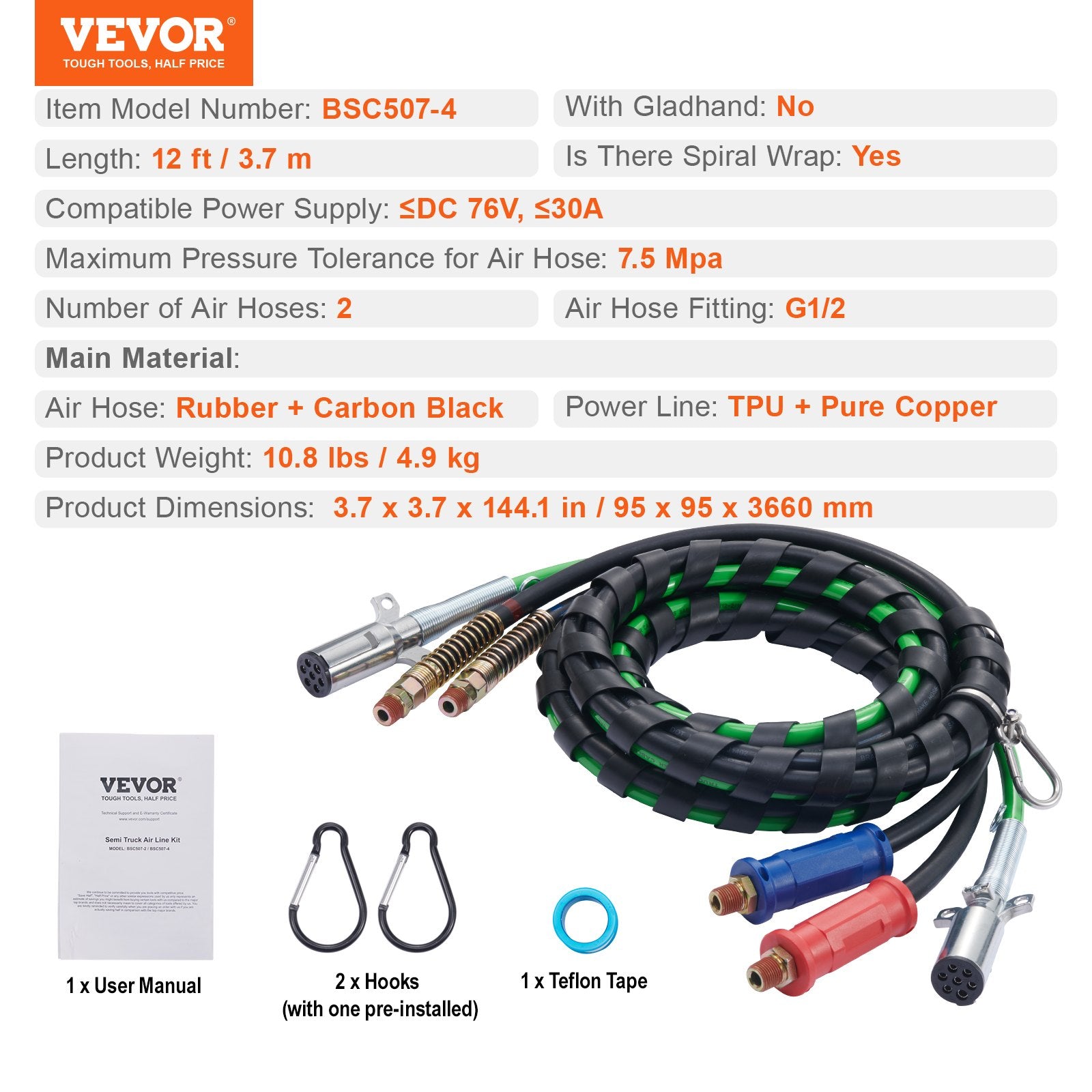 12FT Semi Truck Air Lines Kit, 3-in-1 Air Hoses & ABS Power Line for Semi Truck Trailer Tractor, 7-Way Plug V952-BKCKQRGTJSHYNJPDRV9