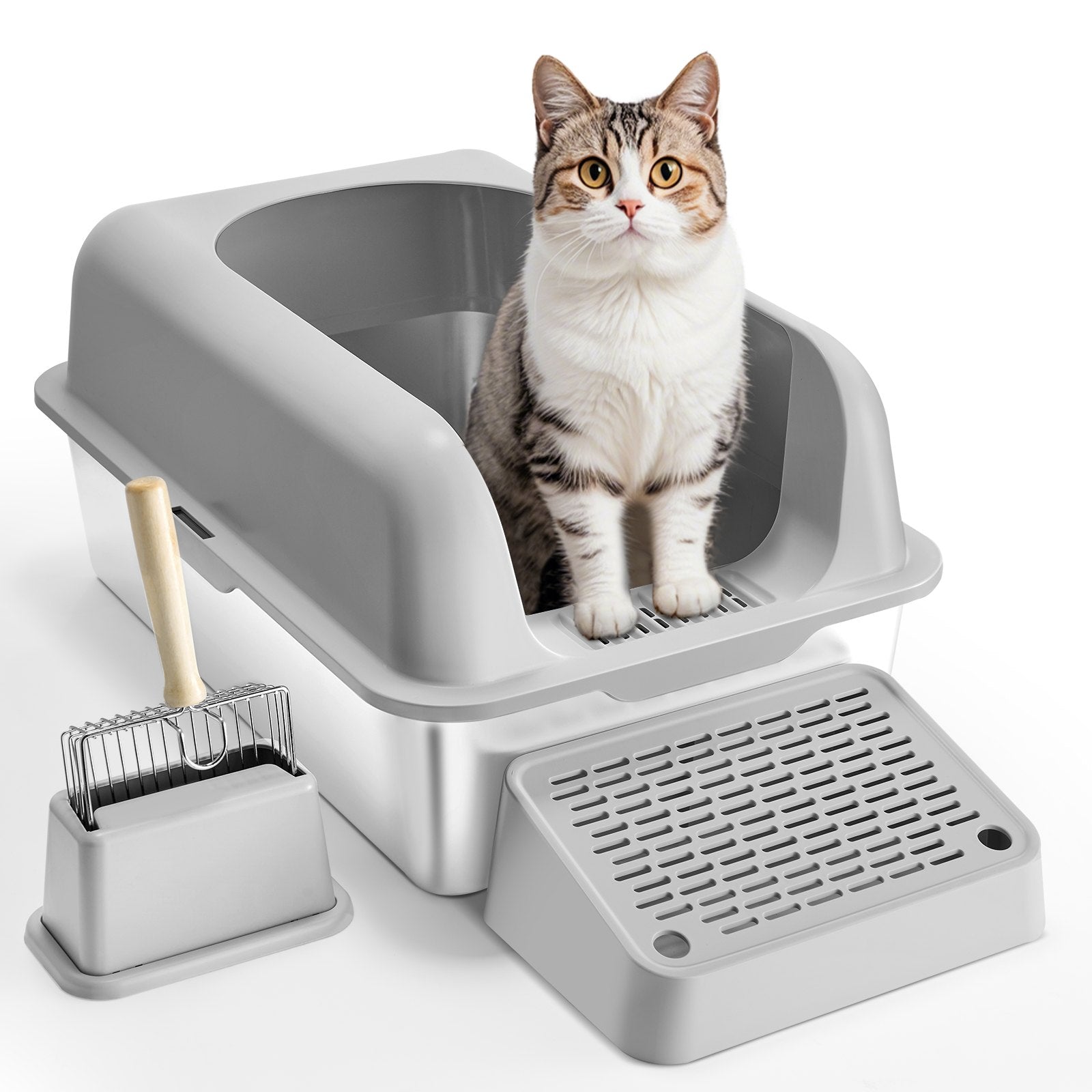 Cat Litter Box, 152 mm Deep, XL Extra Large Stainless Steel Cat Litter Box with Scoop, Wide Filtering Foot V952-BKFSMSPBXGSLHVLT6V0
