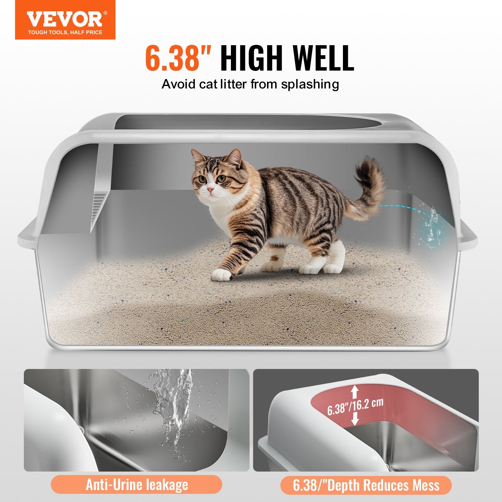 Cat Litter Box, 152 mm Deep, XL Extra Large Stainless Steel Cat Litter Box with Scoop, Wide Filtering Foot V952-BKFSMSPBXGSLHVLT6V0