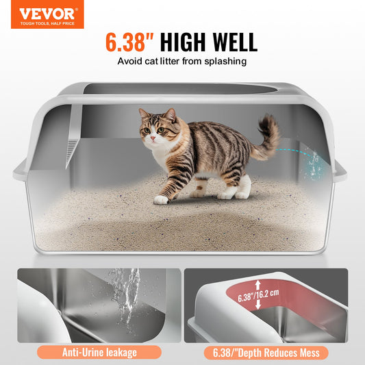 Cat Litter Box, 152 mm Deep, XL Extra Large Stainless Steel Cat Litter Box with Scoop, Wide Filtering Foot V952-BKFSMSPBXGSLHVLT6V0