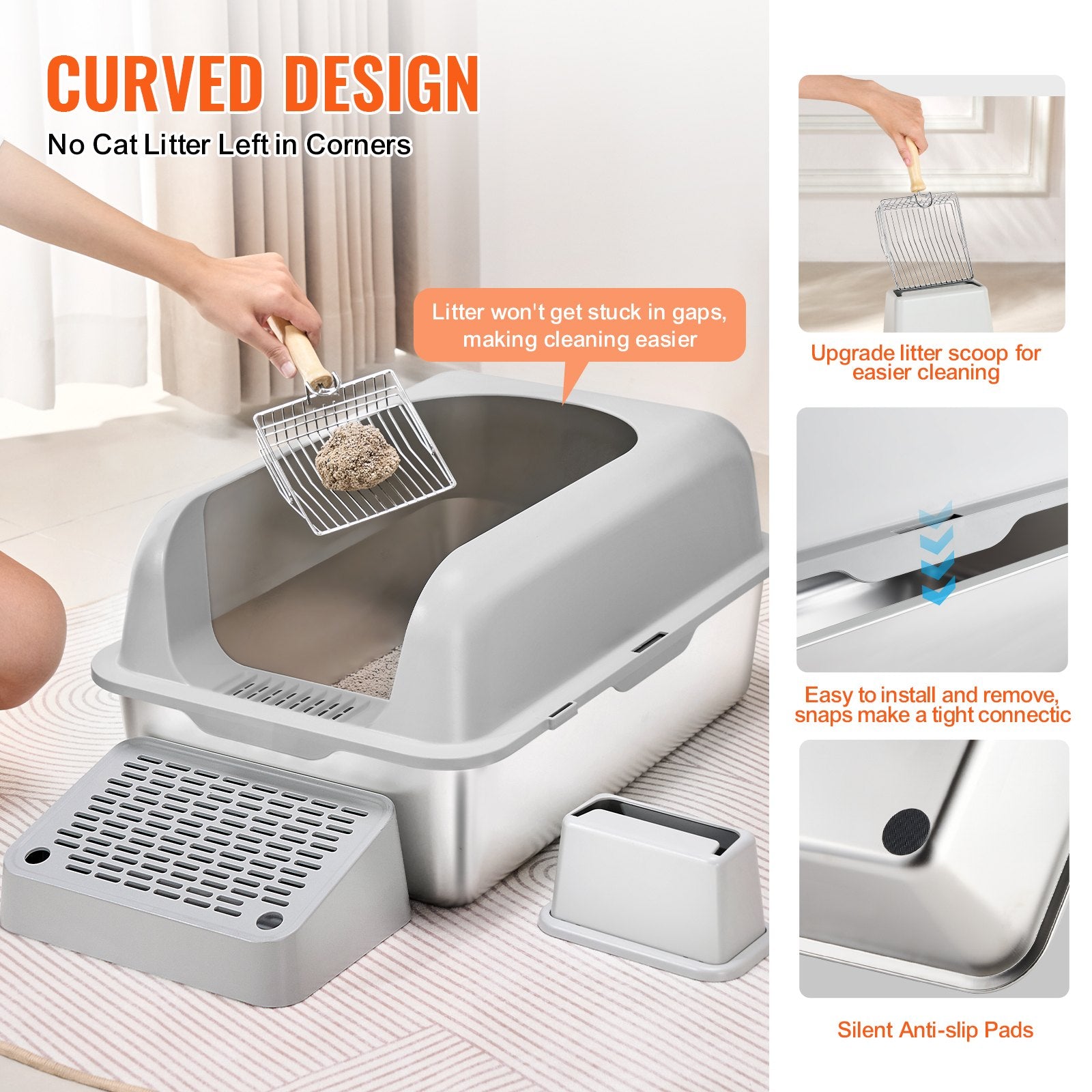 Cat Litter Box, 152 mm Deep, XL Extra Large Stainless Steel Cat Litter Box with Scoop, Wide Filtering Foot V952-BKFSMSPBXGSLHVLT6V0