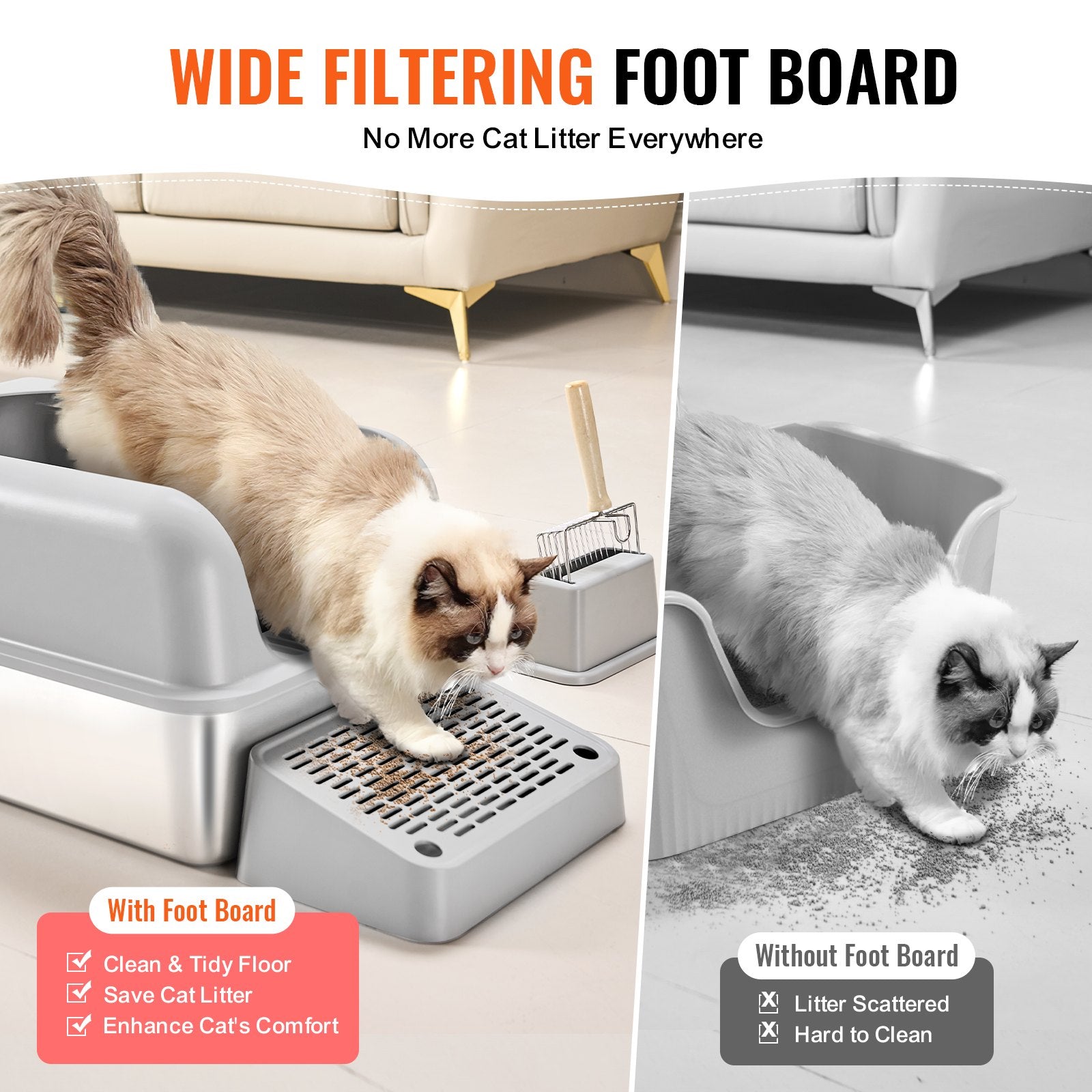 Cat Litter Box, 152 mm Deep, XL Extra Large Stainless Steel Cat Litter Box with Scoop, Wide Filtering Foot V952-BKFSMSPBXGSLHVLT6V0