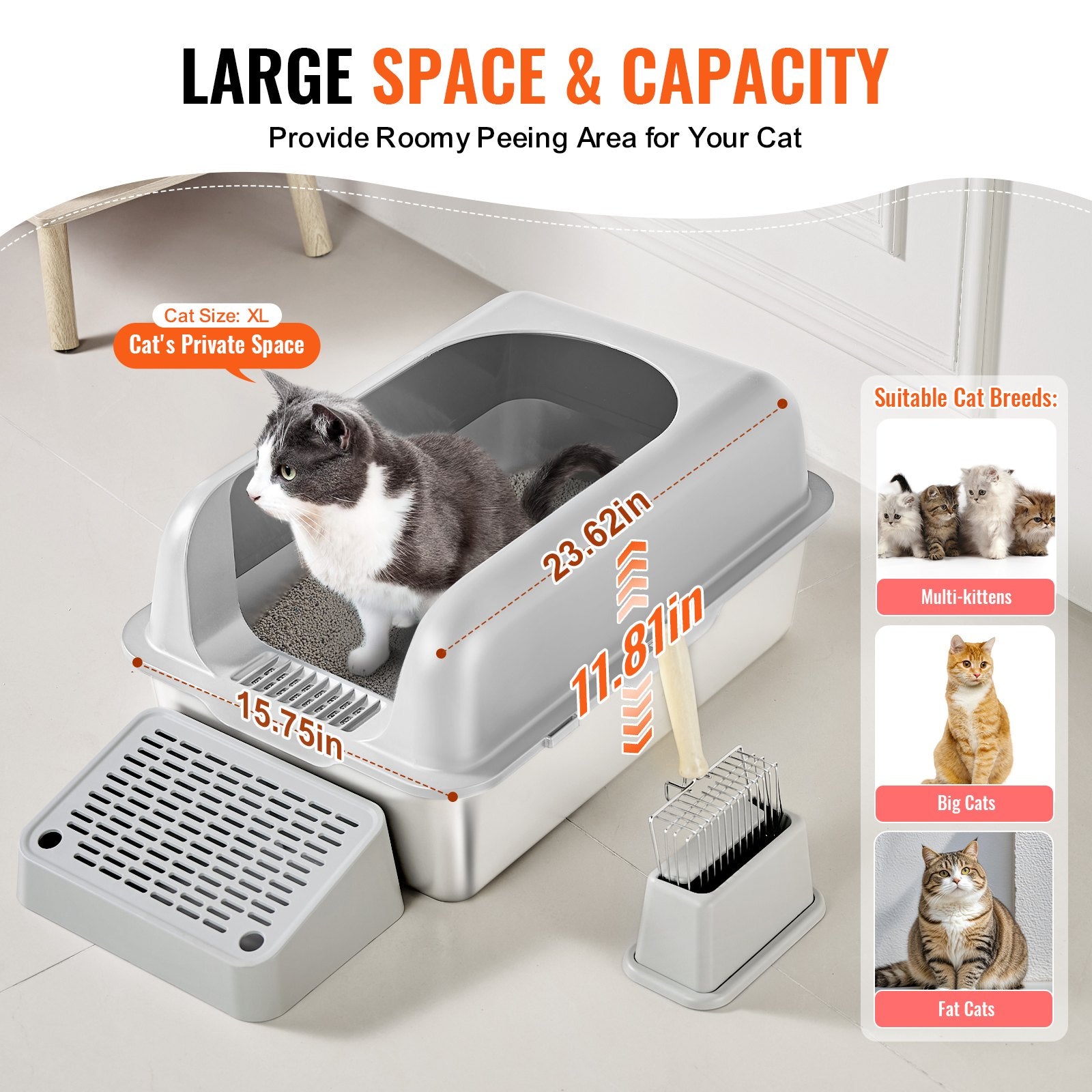 Cat Litter Box, 152 mm Deep, XL Extra Large Stainless Steel Cat Litter Box with Scoop, Wide Filtering Foot V952-BKFSMSPBXGSLHVLT6V0