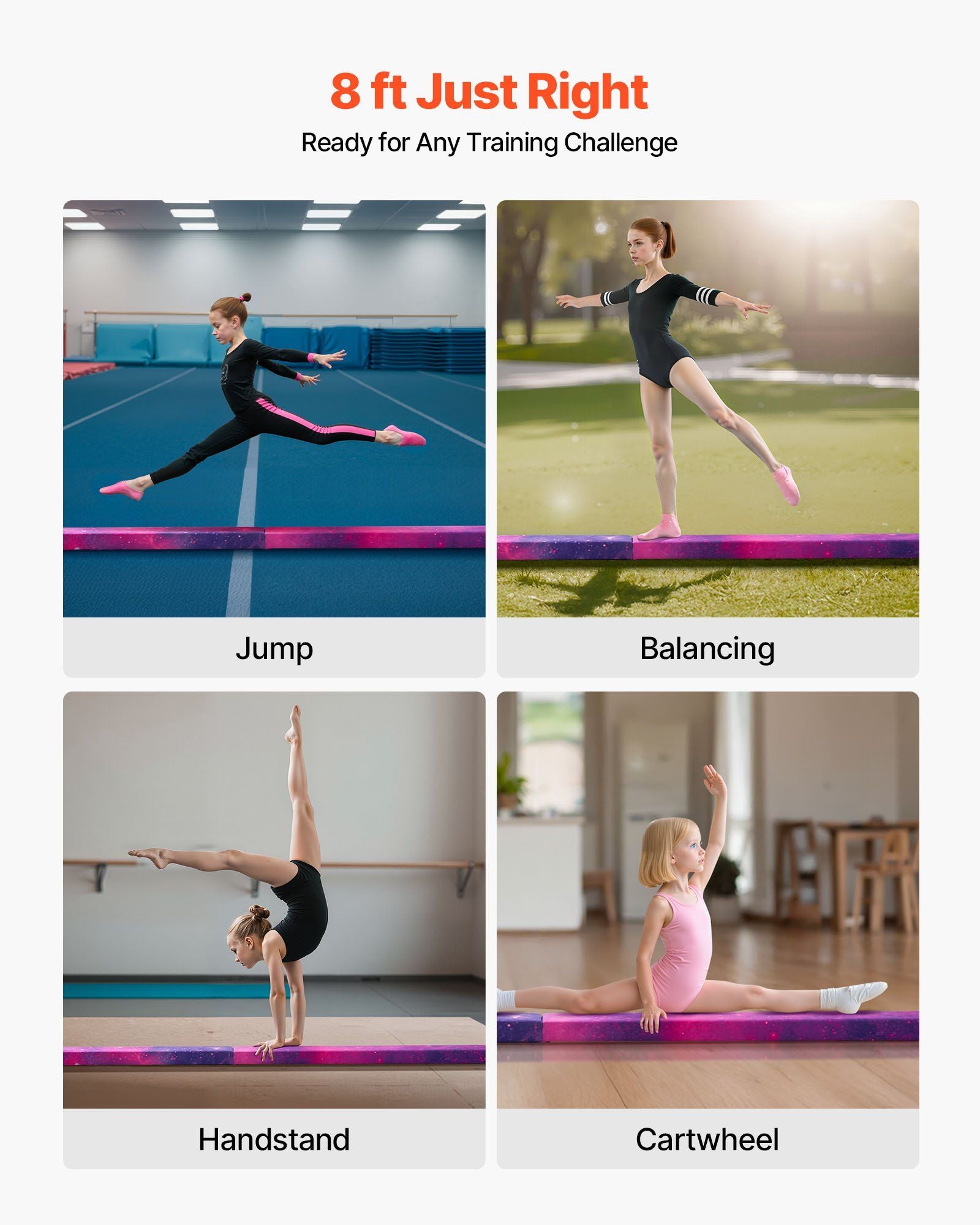 8FT Folding Balance Beam for Kids, 136.1KG Stable Support Gymnastics Floor Beam with Non-Slip Mat, Wood-Core V952-BKSJPHM8FT4I5V6S9001V0