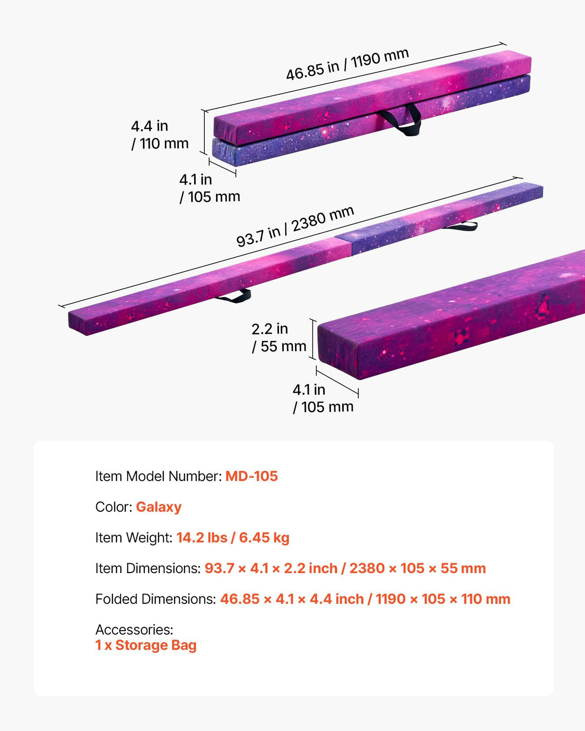 8FT Folding Balance Beam for Kids, 136.1KG Stable Support Gymnastics Floor Beam with Non-Slip Mat, Wood-Core V952-BKSJPHM8FT4I5V6S9001V0
