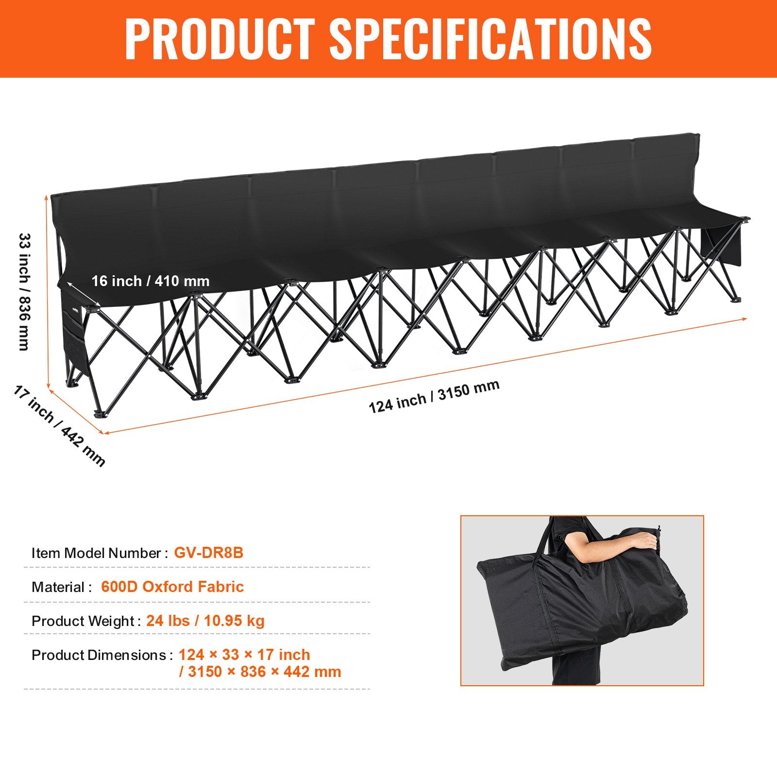 8 Seat Portable Folding Sport Bench Outdoor Camping Chair with Carry Bag V952-BKZDYDZYDKB84K243V0
