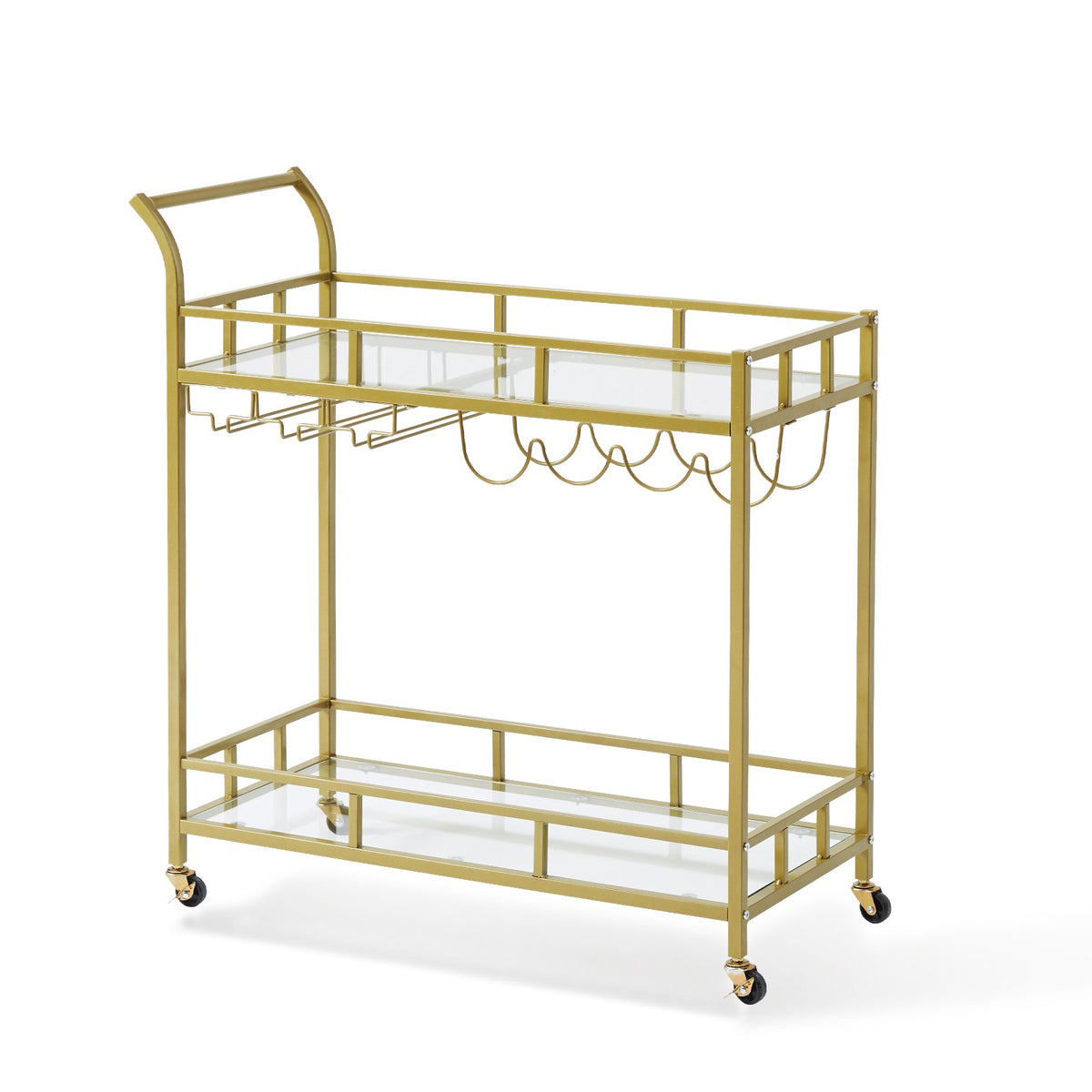 2 Tiers Gold Metal Bar Serving Cart with Wine Rack Glass Holder 120 LBS V952-BLFWCCB15X315AFJYV0