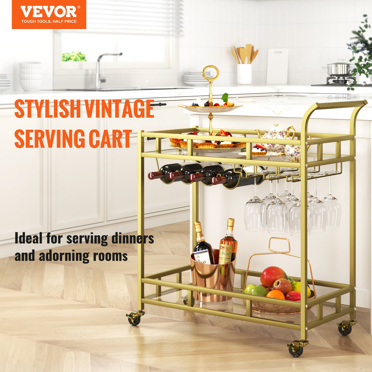 2 Tiers Gold Metal Bar Serving Cart with Wine Rack Glass Holder 120 LBS V952-BLFWCCB15X315AFJYV0