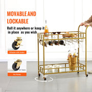 2 Tiers Gold Metal Bar Serving Cart with Wine Rack Glass Holder 120 LBS V952-BLFWCCB15X315AFJYV0