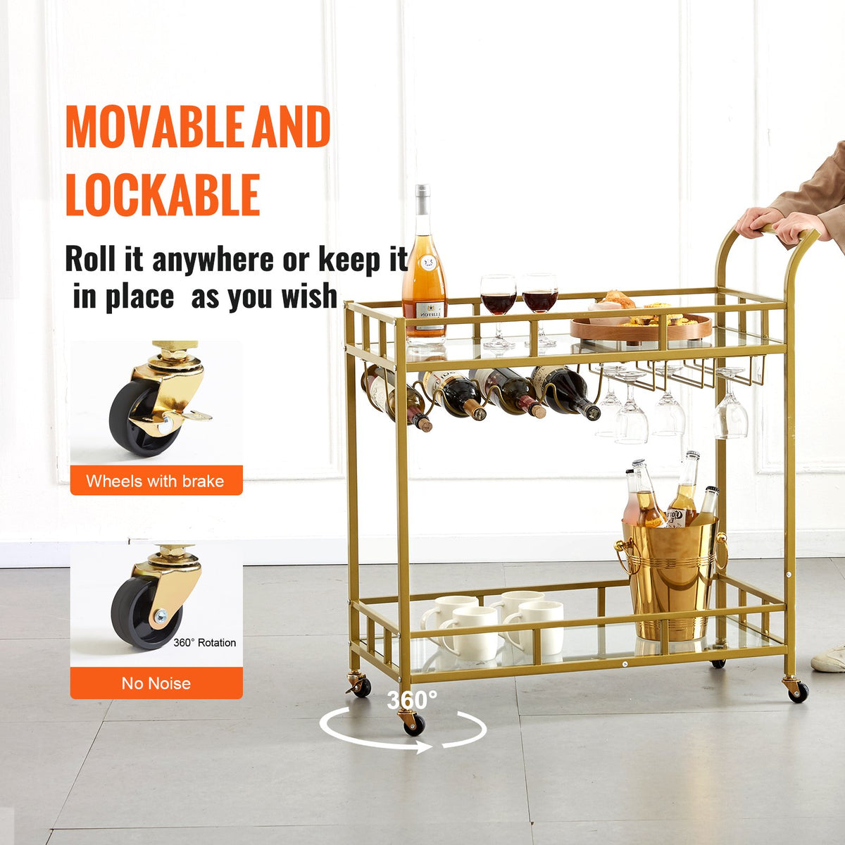 2 Tiers Gold Metal Bar Serving Cart with Wine Rack Glass Holder 120 LBS V952-BLFWCCB15X315AFJYV0
