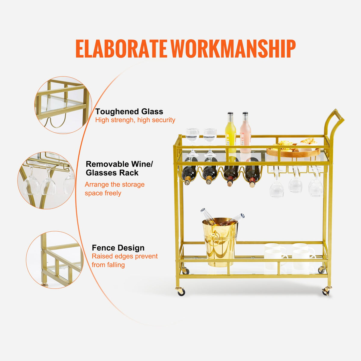 2 Tiers Gold Metal Bar Serving Cart with Wine Rack Glass Holder 120 LBS V952-BLFWCCB15X315AFJYV0