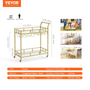2 Tiers Gold Metal Bar Serving Cart with Wine Rack Glass Holder 120 LBS V952-BLFWCCB15X315AFJYV0